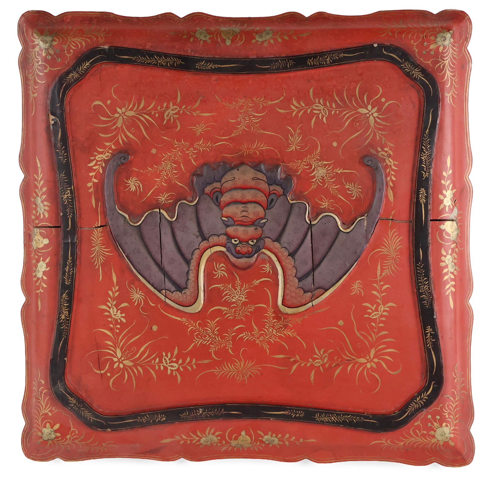 Chinese Bat-Decorated Red Lacquer Condiment Box: Chinese Bat-Decorated Red Lacquer Condiment Box 19th/20th C. of impressive size, lacking interior compartments. Losses, cracks, wear. 3 1/2 x 21 x 21 in. (8.9 x 53.3 x 53.3 cm.)