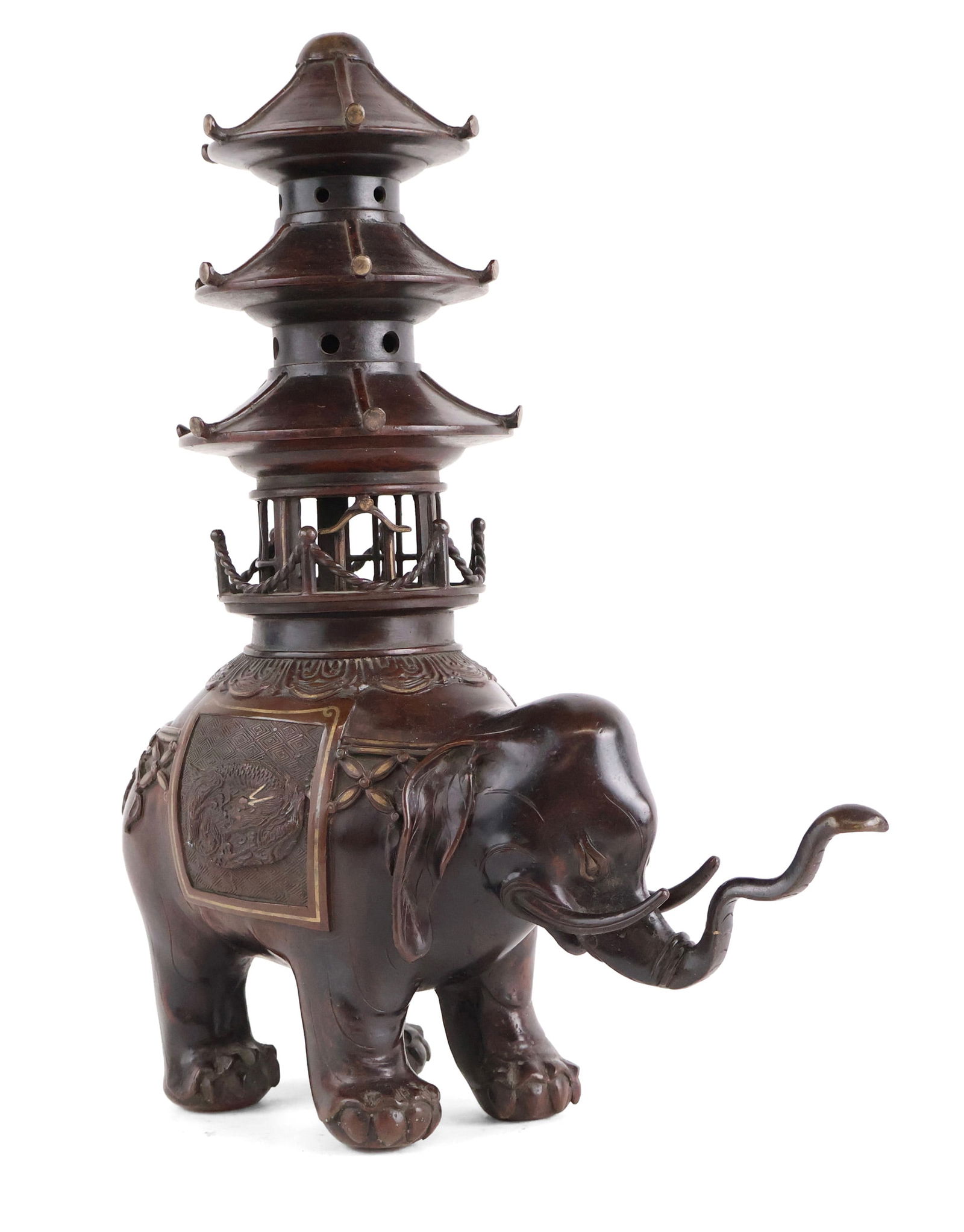 Japanese Meiji Bronze Elephant and Pagoda Incense Burner: Japanese Meiji Bronze Elephant and Pagoda Incense Burner In two parts. Some wear, surface distress. 16 x 12 1/4 x 5 1/2 in. (40.6 x 31.1 x 14 cm.)