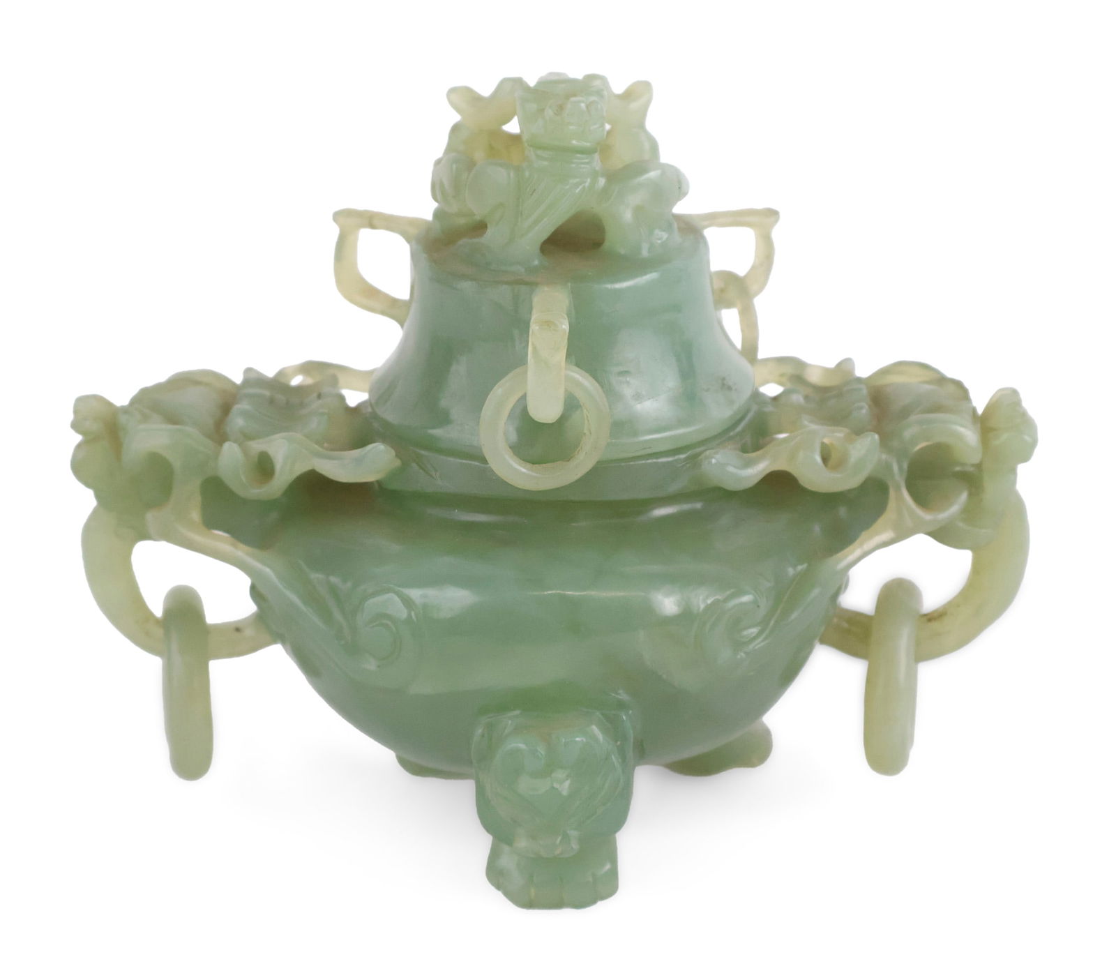 Chinese Jade Covered Censer: Chinese Jade Covered Censer With ring handles and dragon-form lid and handles. Some wear and losses. 6 x 7 1/2 x 4 1/2 in. (15.2 x 19.1 x 11.4 cm.)