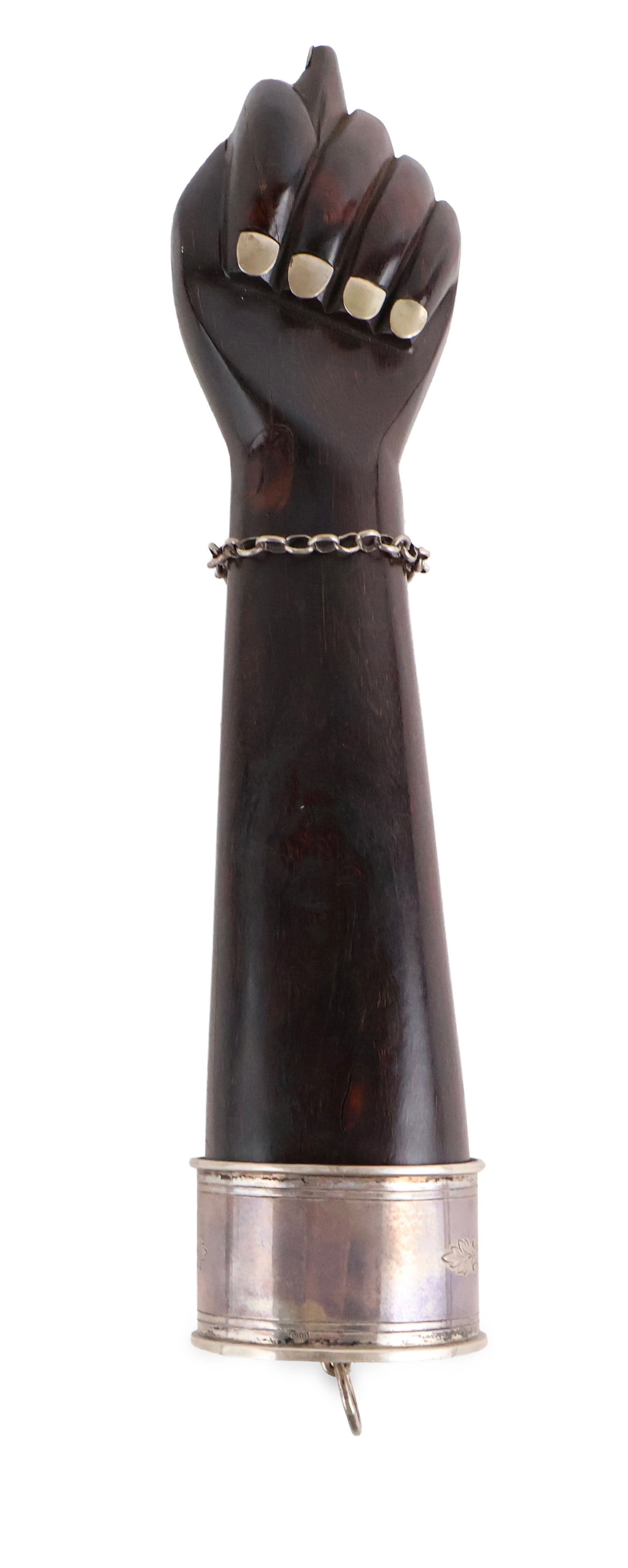 Carved Hardwood 800 Silver Mounted Figa: Carved Hardwood 800 Silver Mounted Figa Of impressive size. 10 1/4 x 2 1/4 in. (26 x 5.7 cm.)