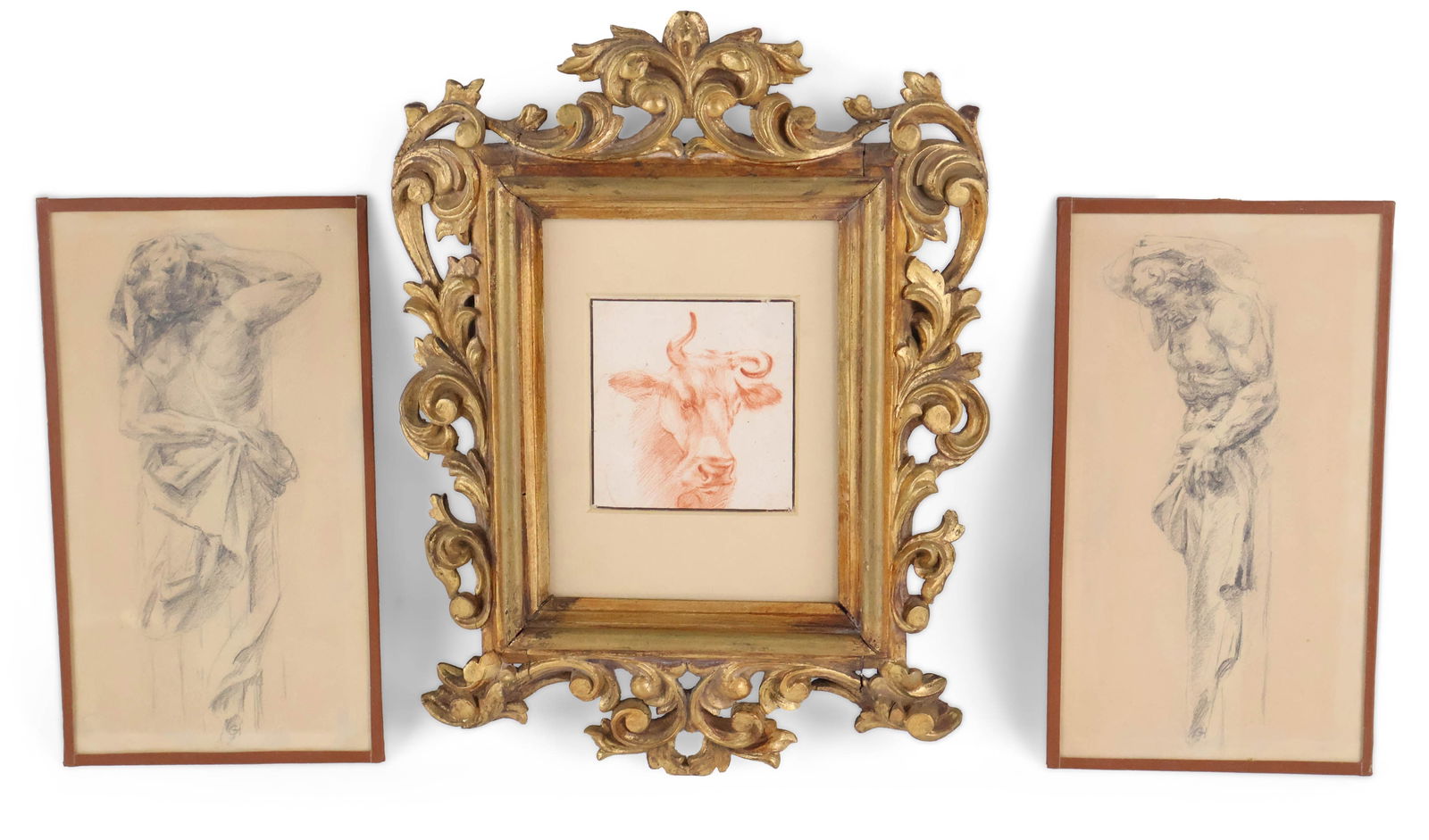 Attributed to Adriaen van de Velde, 1636-1672, Head of a Bull, Old Master Red Conte Crayon Drawing: Attributed to Adriaen van de Velde1636-1672Head of a BullOld Master Red Conte Crayon DrawingTogether with two pencil drawings of men, inscribed verso "From father's sketchbook, art school around 1900,