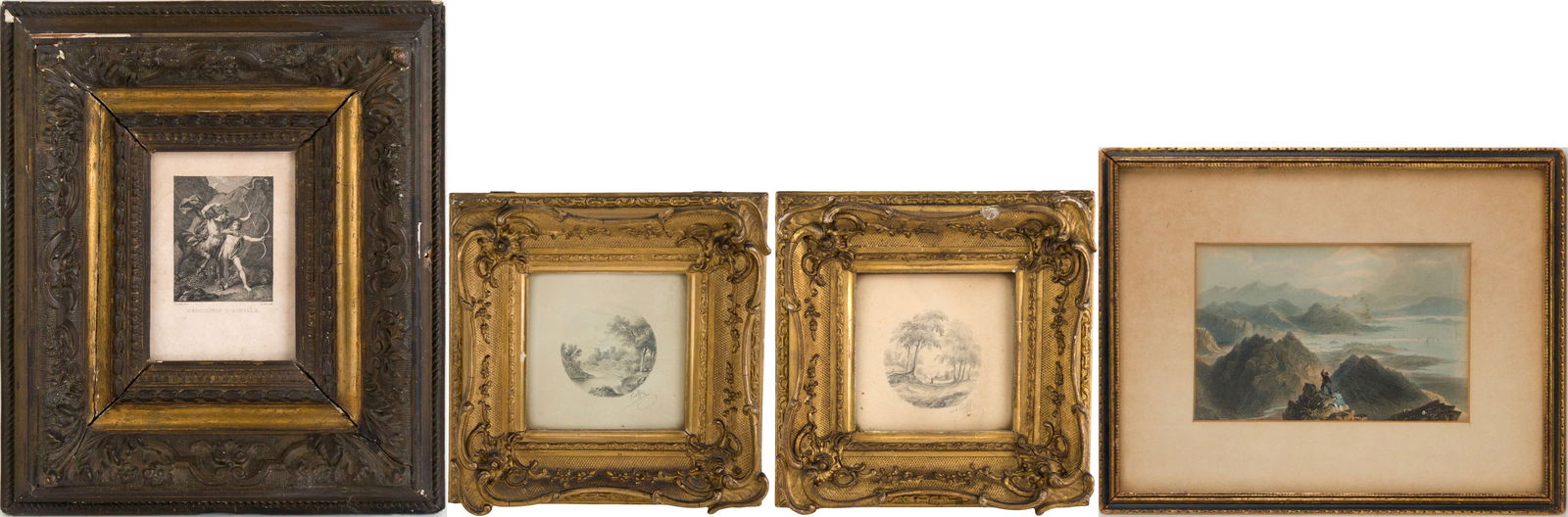 Two Miniature Landscapes, Pencil on Paper: Two Miniature LandscapesPencil on PaperBoth signed l.r. Together with an engraving titled "L'Education d'Achille" and a colored engraving by William Henry Batlett, titled "Scene of Sugar Loaf Mountain