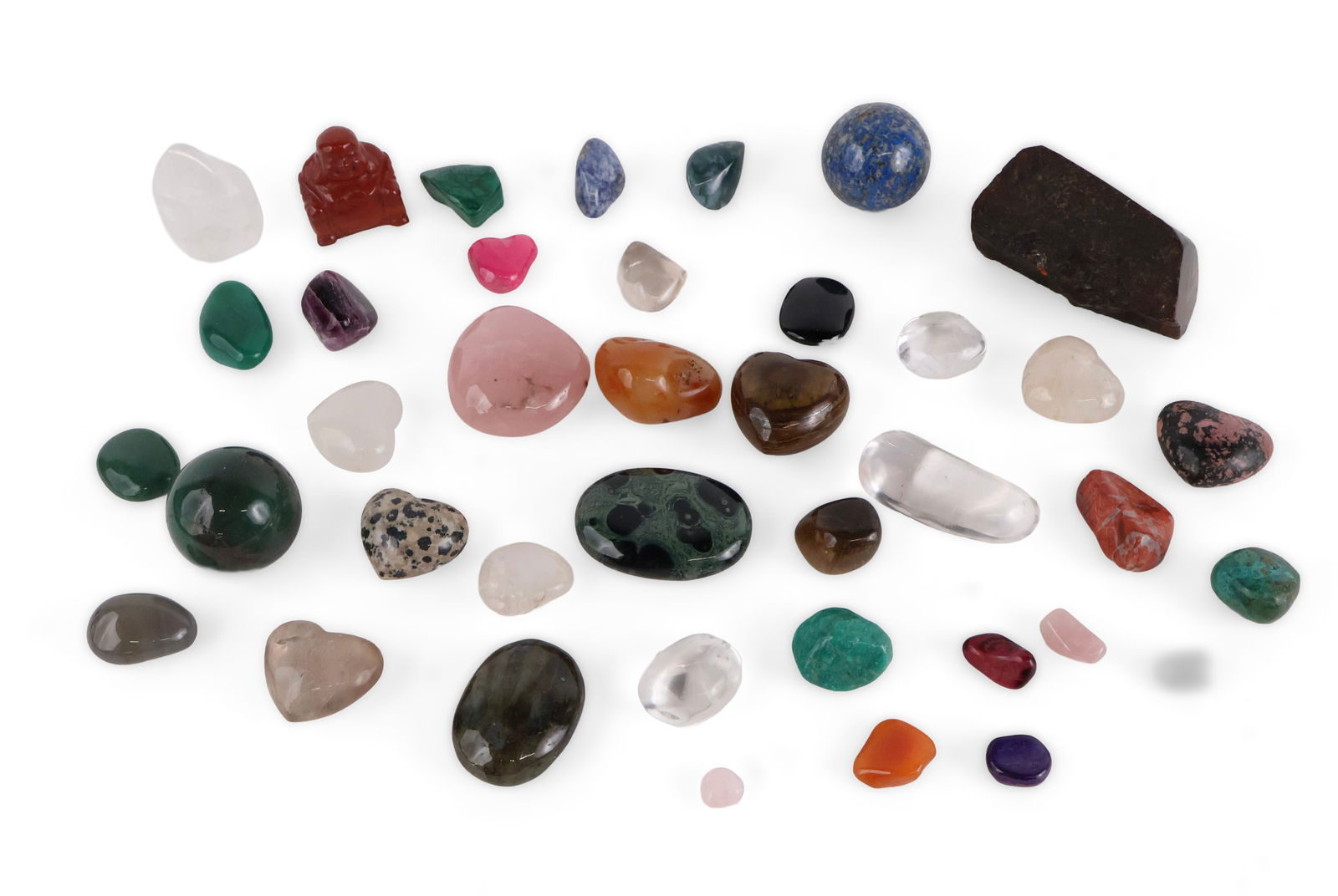Group of Assorted Polished Stones and Crystals: Group of Assorted Polished Stones and Crystals Including, a Buddha, malachite, lapis lazuli, and quartz. Largest: 2 x 4 x 2 1/2 in. (5.1 x 10.2 x 6.4 cm.)