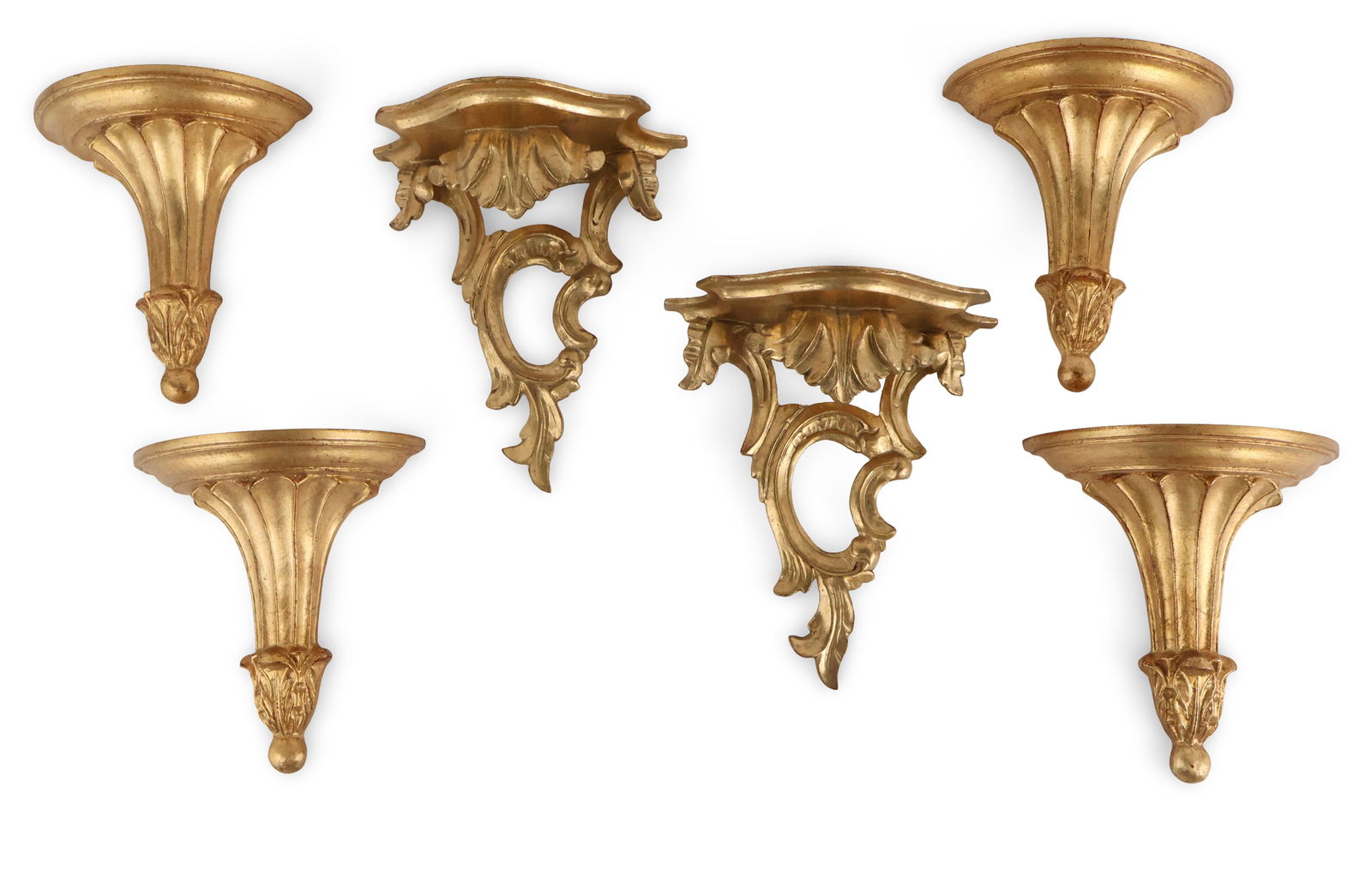Six Giltwood Wall Brackets: Six Giltwood Wall Brackets Comprising, a set of four and a pair. 7 1/2 x 6 3/4 x 3 1/4 in. (19.1 x 17.1 x 8.3 cm.)