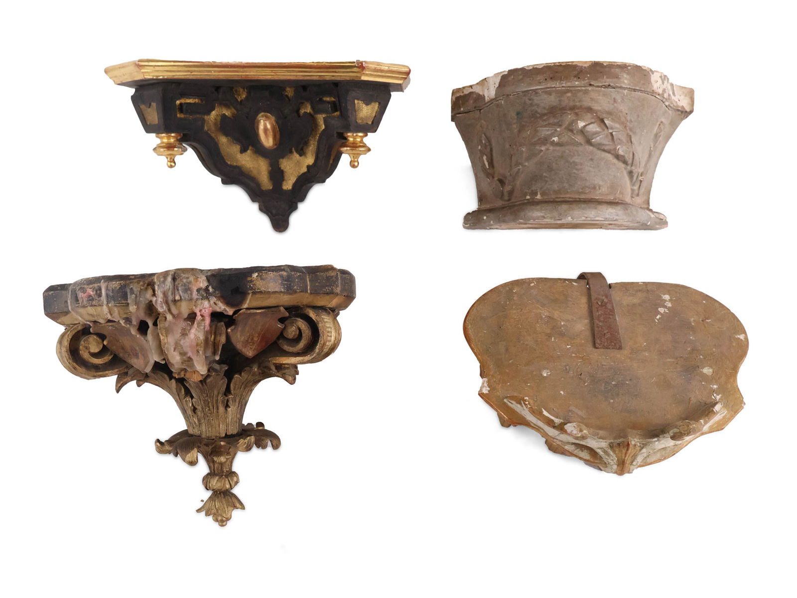 Three Carved and Painted Wood Wall Brackets: Three Carved and Painted Wood Wall Brackets Together with a carved and painted wood architectural element. 4 pieces Losses, repairs, cracks, surface distress. Largest: 8 1/2 x 10 1/2 x 9 1/2 in.