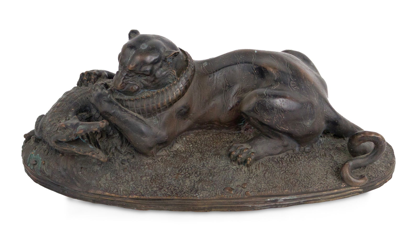 After Jules Moigniez, French 1835-1894, Tiger Attacking a Crocodile, Bronze Plated Sculpture: After Jules Moigniez French, 1835-1894 Tiger Attacking a Crocodile Bronze Plated Sculpture Inscribed "Moigniez" on base. 5 1/2 x 15 x 7 1/4 in. (14 x 38.1 x 18.4 cm.)
