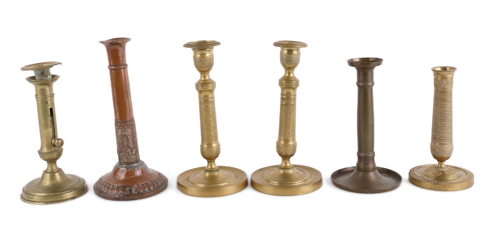 Near Pair of French Empire Ormolu Candlesticks: Near Pair of French Empire Ormolu Candlesticks 19th C. Together with two American candlesticks, a plated candlesticks, and a French Empire style candlestick. Bobeches associated, losses, dents,