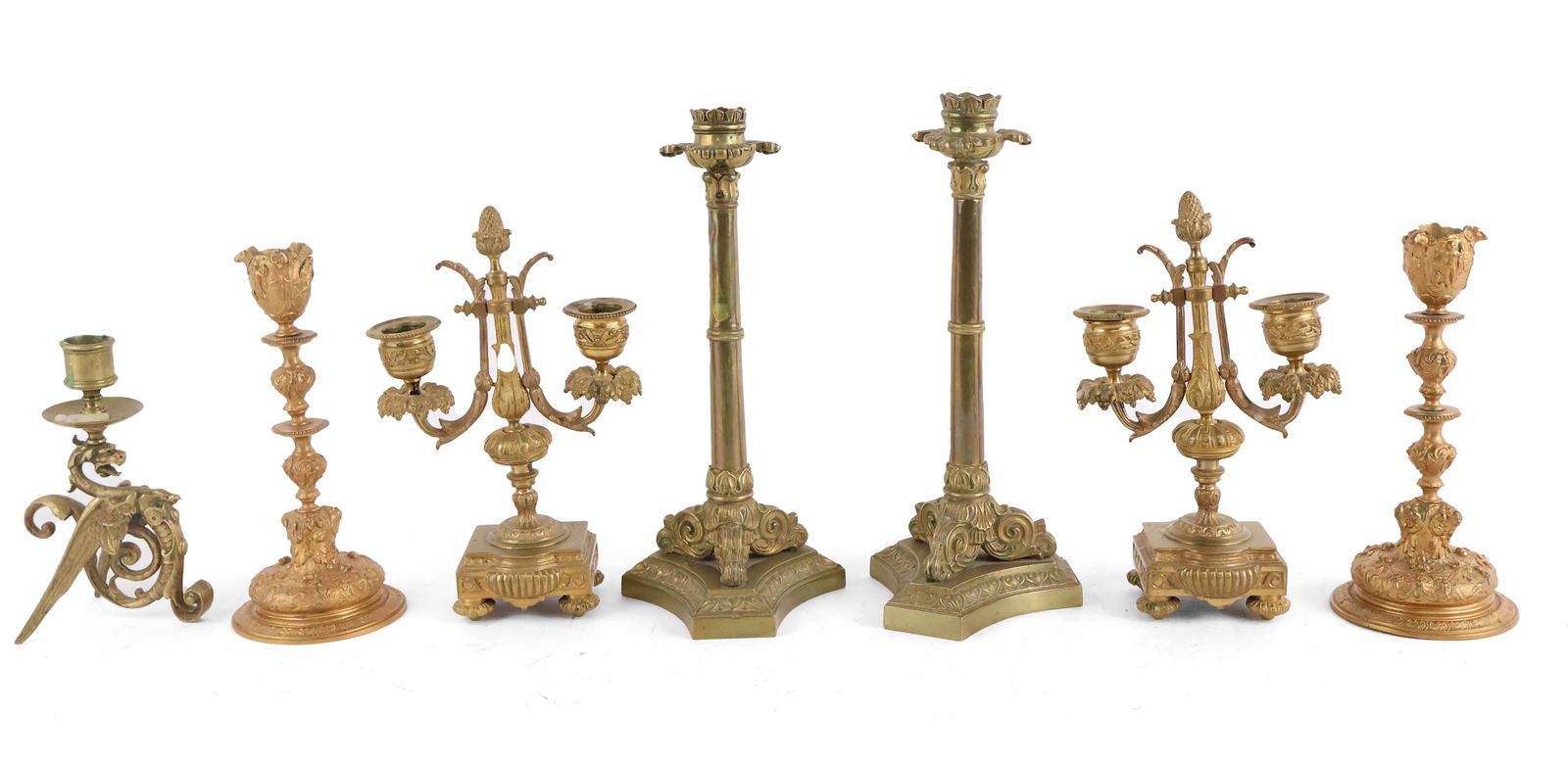 Seven Neoclassical Style Brass and Ormolu Candlesticks (1 of 12)