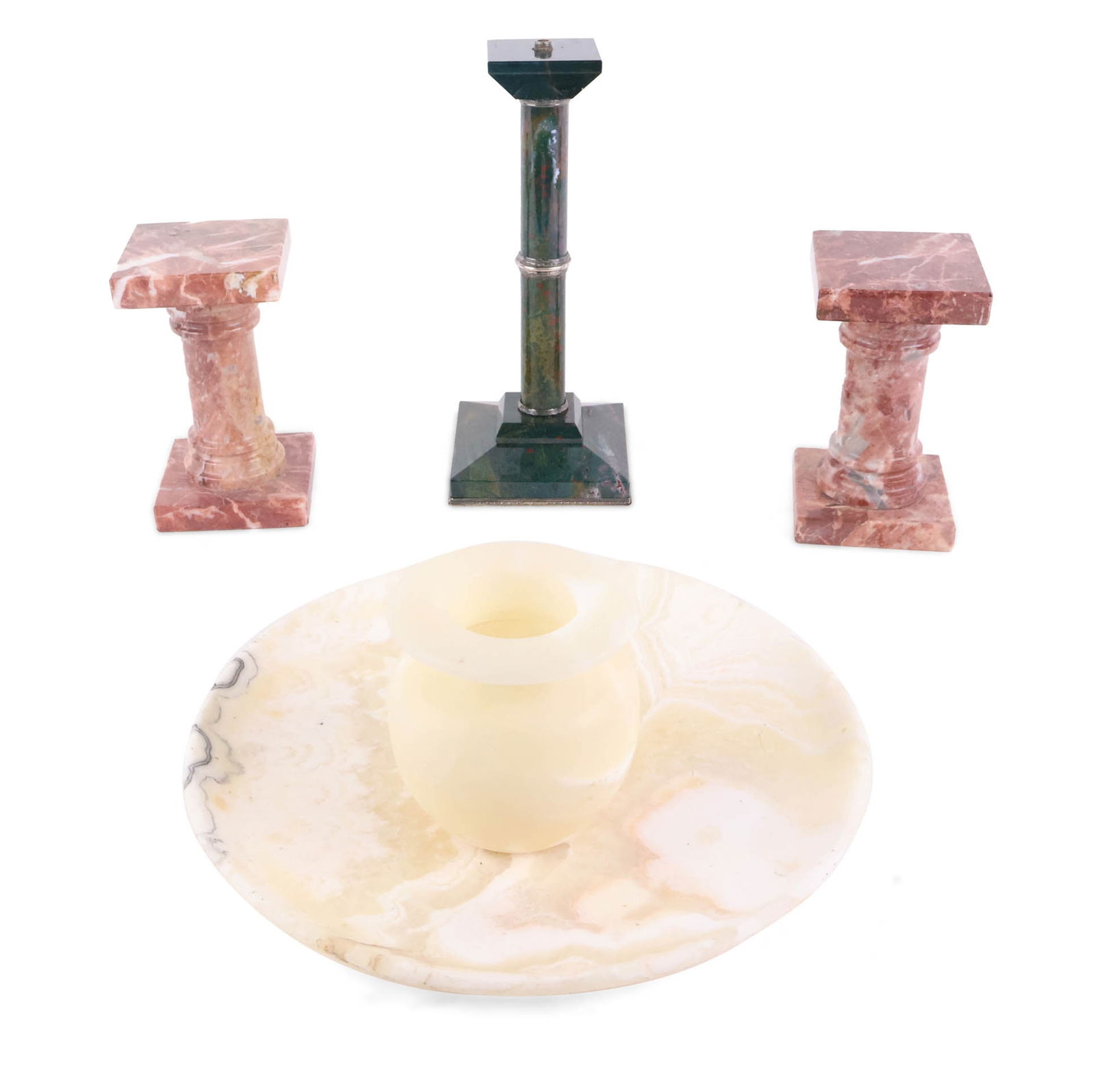 Pair of Rouge Marble Desktop Pedestals: Pair of Rouge Marble Desktop Pedestals Together with a green hardstone pedestal, an alabaster candleholder, and an alabaster plate. Largest: 1 1/4 x 12 in. (3.2 x 30.5 cm.)