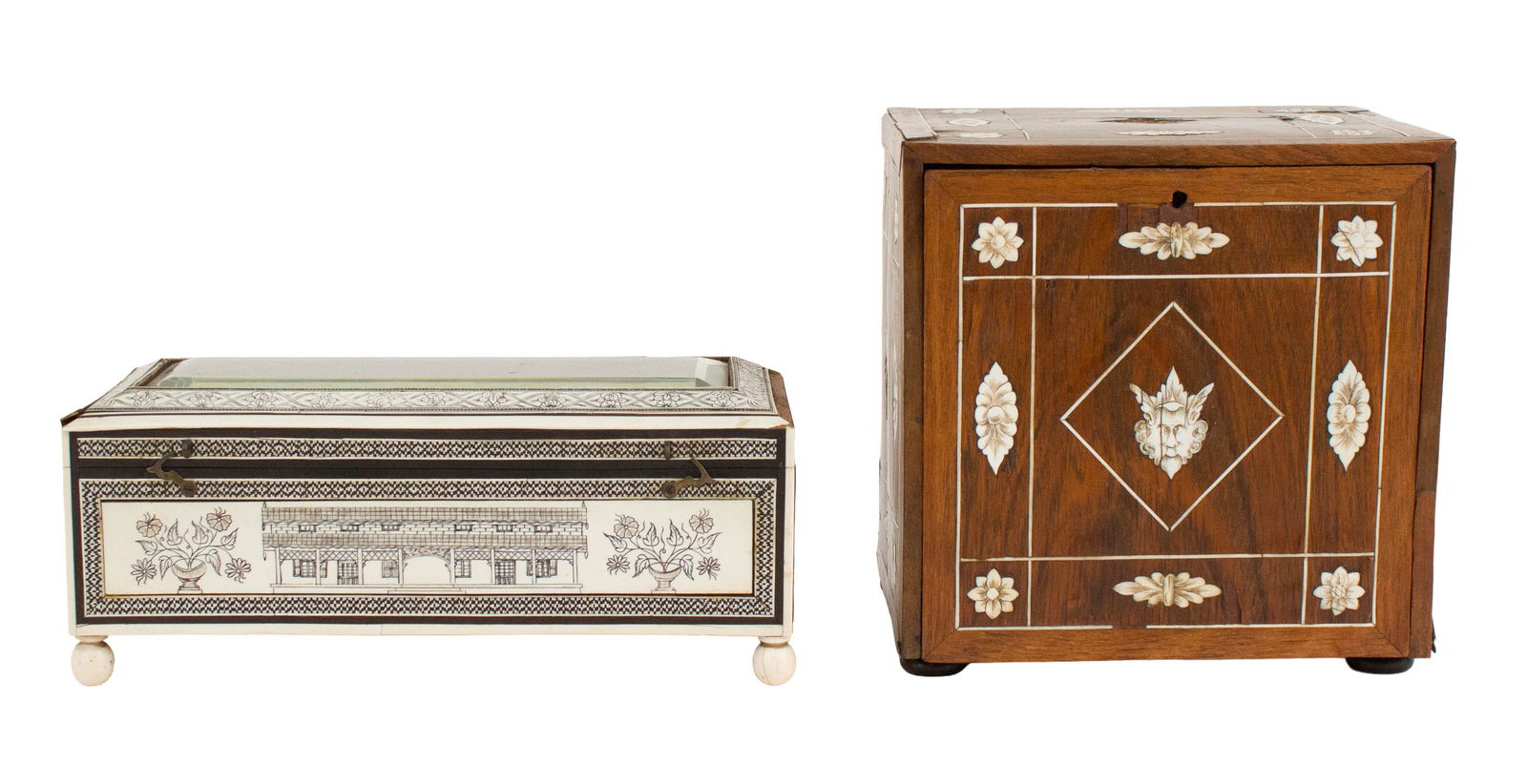 Anglo-Indian Bone Inlaid Hardwood Jewelry Box: Anglo-Indian Bone Inlaid Hardwood Jewelry Box 19th C. with fall front door opening to a variety of drawers. Together with a bone inlaid jewelry box. Losses, wear, surface distress. 4 1/2 x 10 x 4