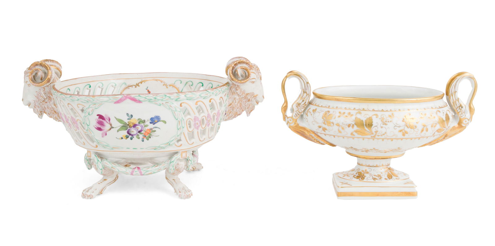 Royal Vienna Ram's Head Handled Porcelain Footed Bowl: Royal Vienna Ram's Head Handled Porcelain Footed Bowl Marked underside with beehive. Together with a Limoges parcel-gilt swan's head handled compotes. Minor losses and wear, restorations to one foot