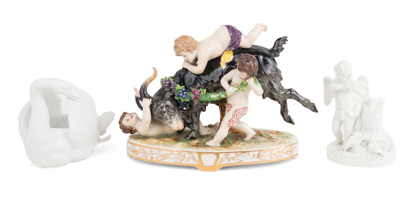 German Porcelain Figural Group of Putti with Goat: German Porcelain Figural Group of Putti with GoatMarked underside with Crown above an L, possibly Ludwigsburg. Together with a Richard Ginori blanc de chine putti and a Continental bisque porcelain sw