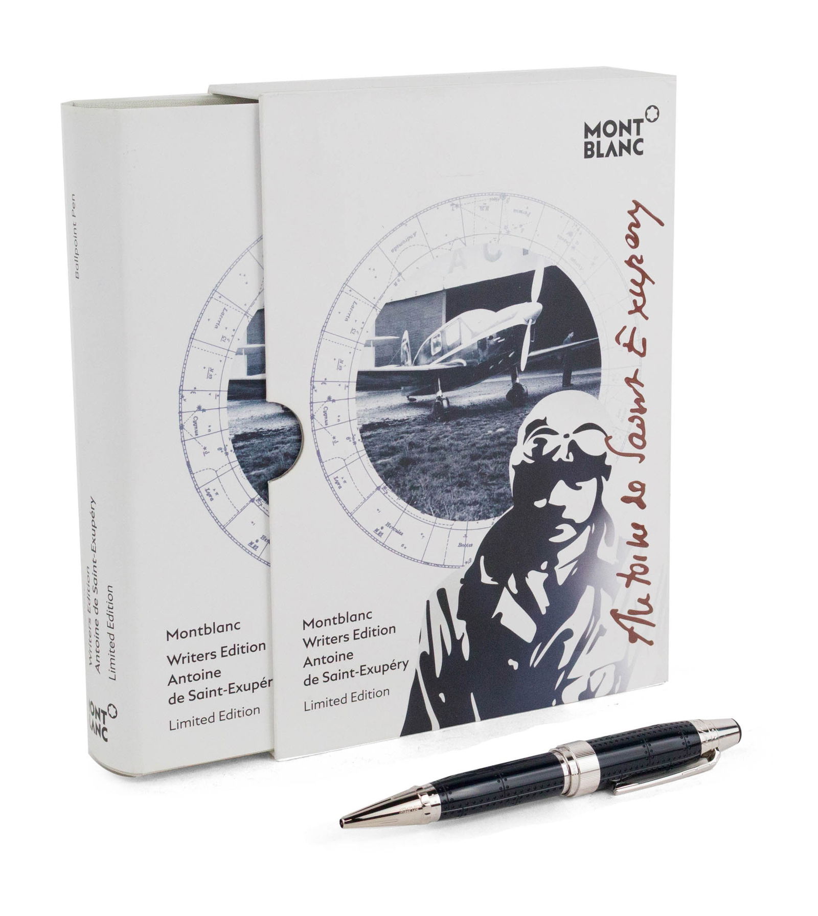 Montblanc Writers Edition Antoine de Saint-Exupery Ballpoint Pen: Montblanc Writers Edition Antoine de Saint-Exupery Ballpoint PenWith original box and papers.Box: 1 3/4 x 8 1/2 x 6 in. (4.4 x 21.6 x 15.2 cm.)
