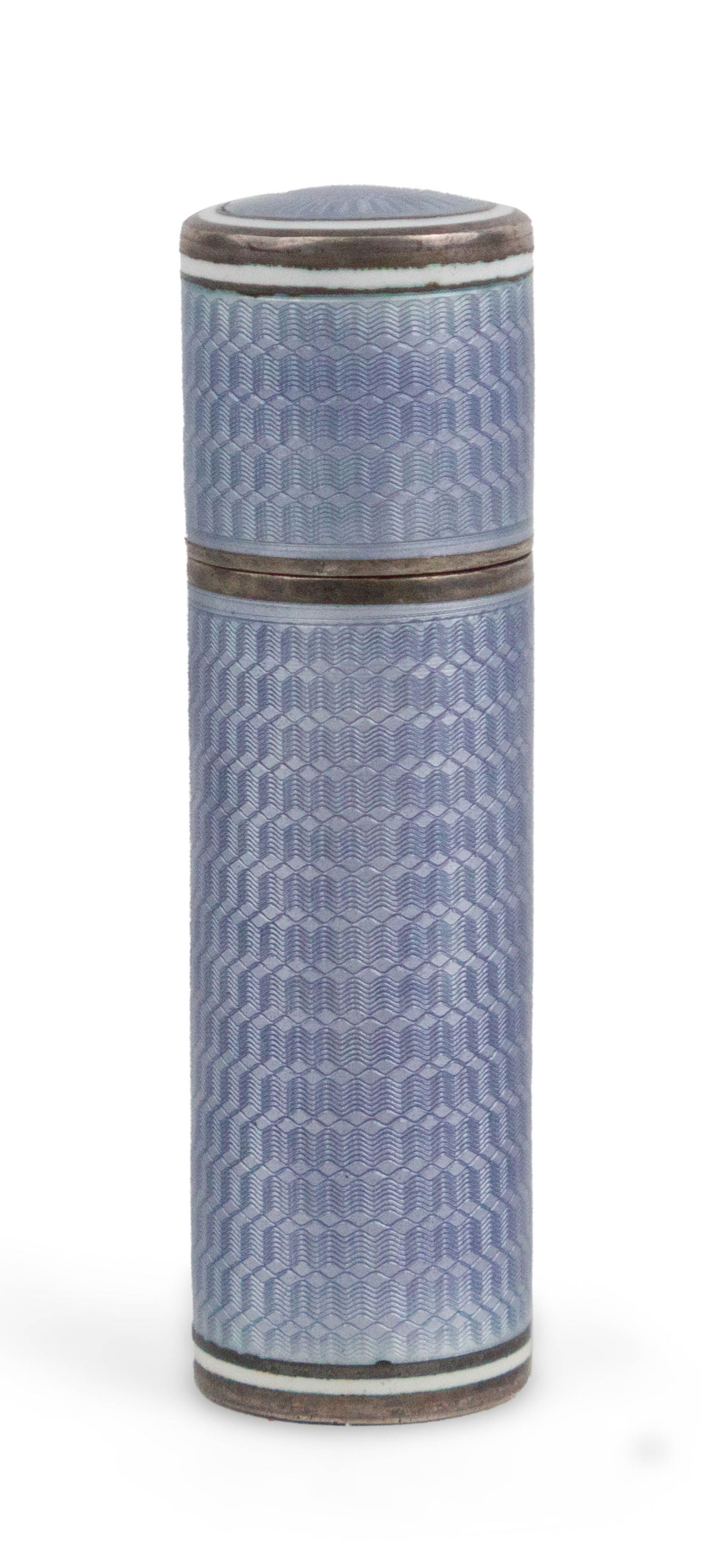 Silver Guilloche Sewing Kit: Silver Guilloche Sewing Kit Fitted with a thimble and wooded spool on thread, marked underside. 2 3/4 x 3/4 in. (7 x 1.9 cm.)