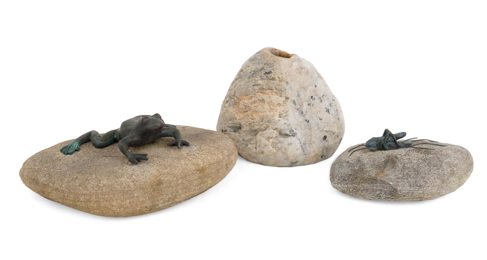 Patinated Metal Frog on River Stone Sculpture: Patinated Metal Frog on River Stone Sculpture Together with a patinated metal grasshopper mounted on a river stone and a carved stone vase. 3 pieces Frog: 4 1/4 x 11 1/2 x 8 in. (10.8 x 29.2 x 20.3
