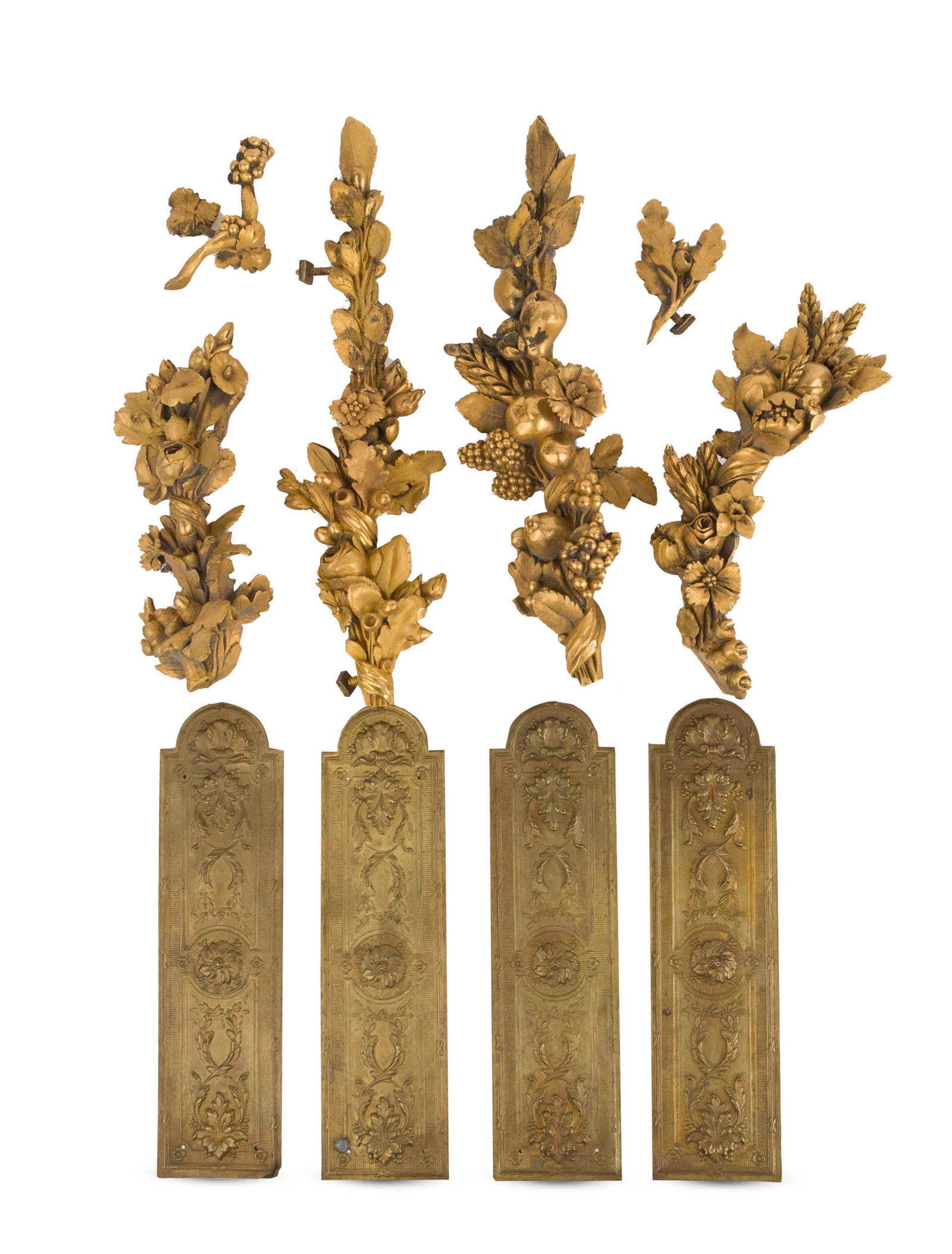 Group of Assorted Ormolu Mounts: Group of Assorted Ormolu Mounts Floral and leaves. Together with four repousse brass push plates. 10 pieces Largest: 11 1/2 in. (29.2 cm.)
