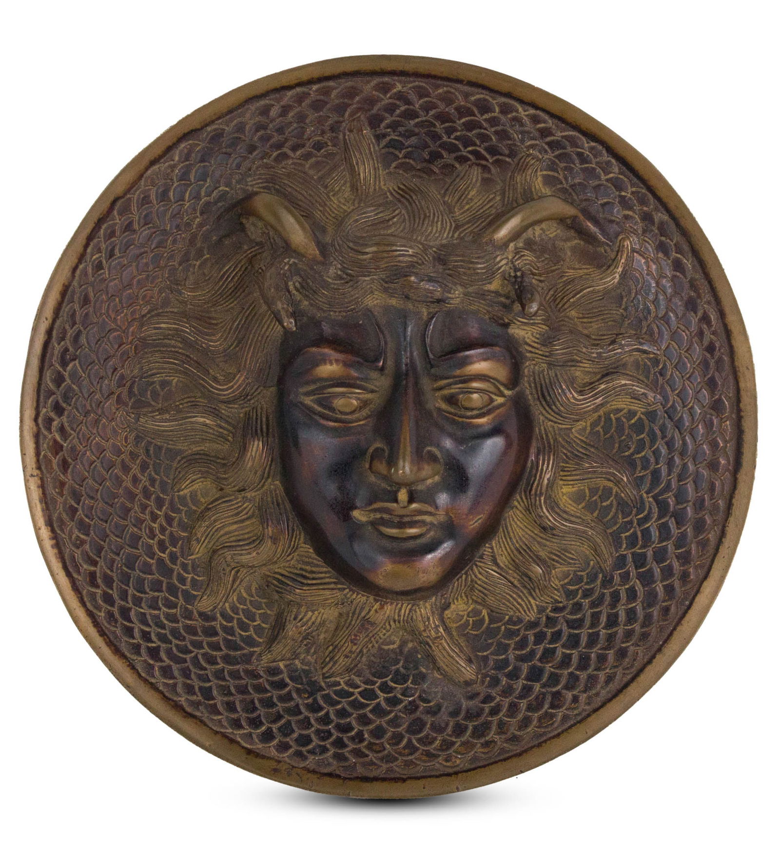 Bronze Plaque of Medusa's Head: Bronze Plaque of Medusa's Head 19th/20th C. 2 x 9 1/4 in. (5.1 x 23.5 cm.)