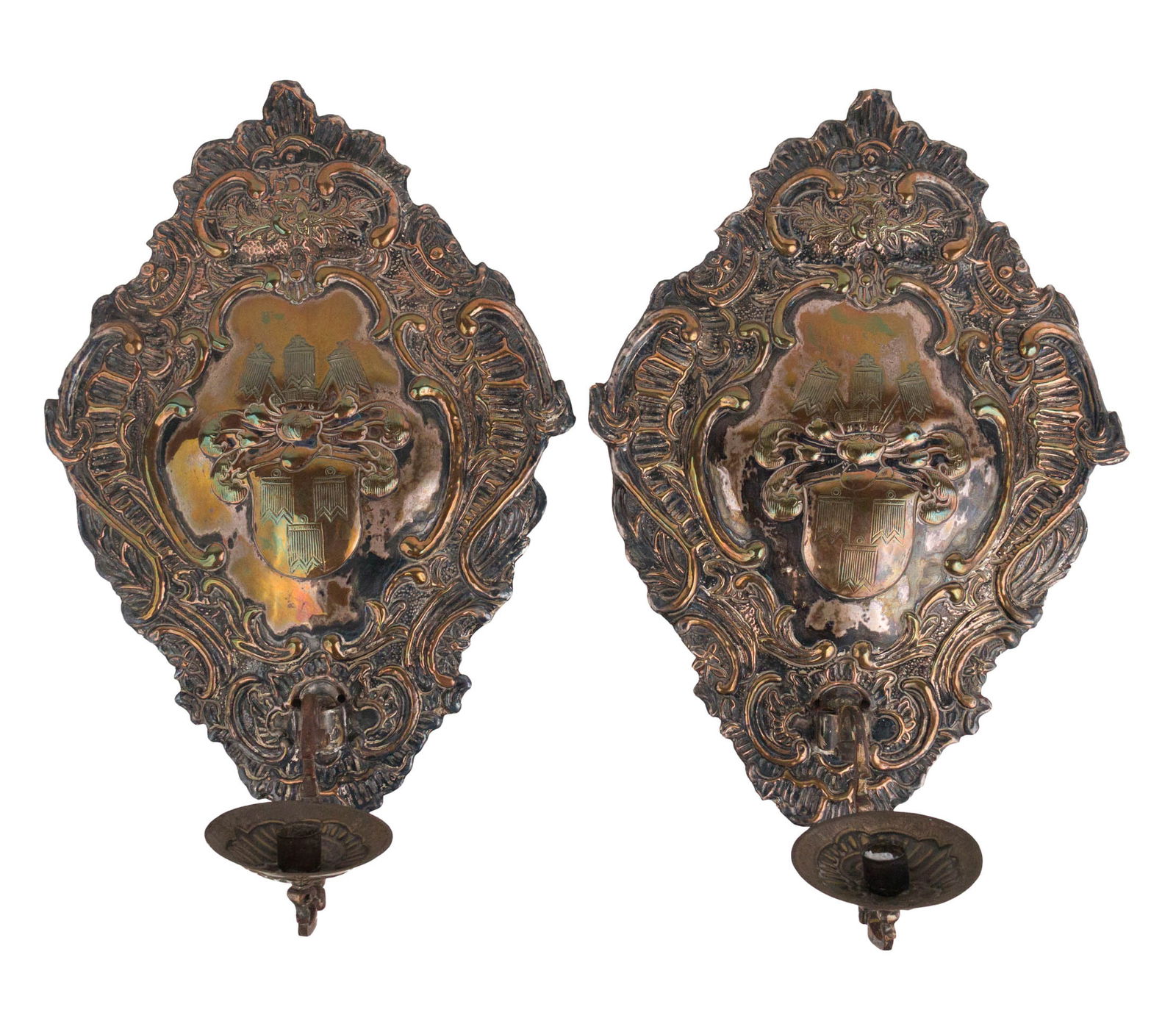 Pair of Dutch Baroque Repousse One Armed Wall Sconces: Pair of Dutch Baroque Repousse One Armed Wall Sconces 19th/20th C. inlaid with coat of arms. Surface distress. 19 1/2 x 13 3/4 x 8 in. (49.5 x 34.9 x 20.3 cm.)