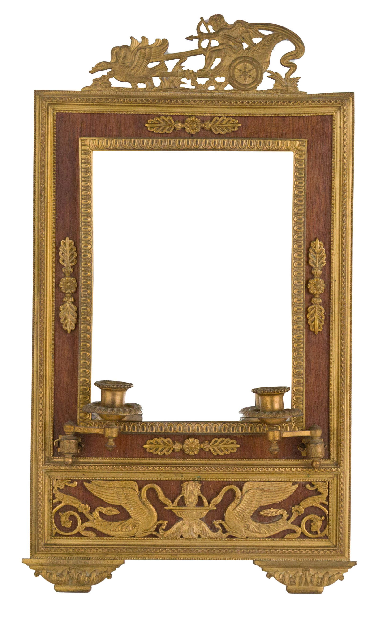 Neoclassical Style Ormolu-Mounted Mirrored Wall Sconce: Neoclassical Style Ormolu-Mounted Mirrored Wall Sconce19th/20th C. fitted with two swinging candle arms.20 x 11 1/2 in. (50.8 x 29.2 cm.)