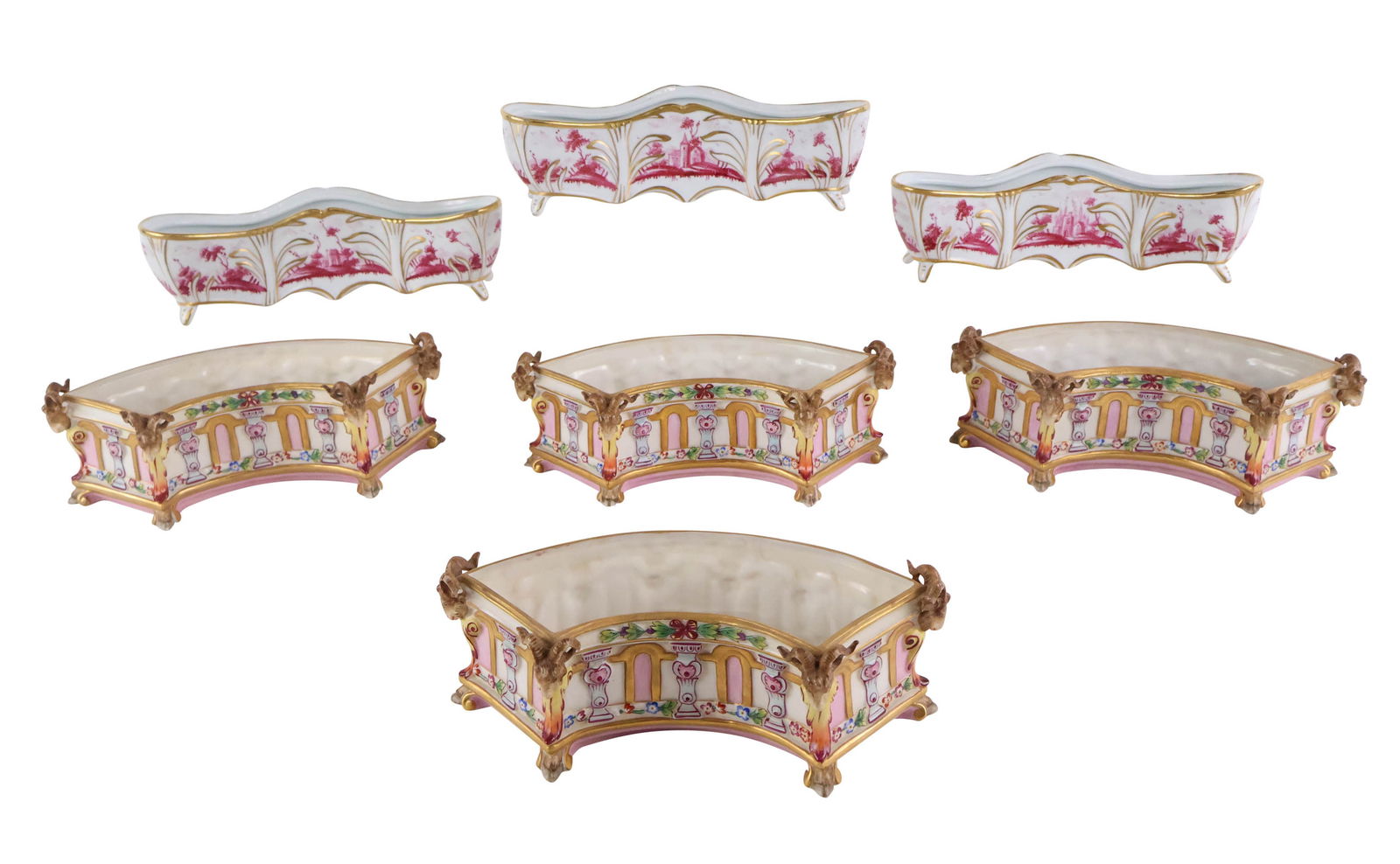 Two Capodimonte Porcelain Garniture Sets: Two Capodimonte Porcelain Garniture SetsComprising, a group of four with ram's head corners and group of three with red and and white decoration.Each: 2 1/2 x 8 3/4 x 2 1/2 in. (6.4 x 22.2 x 6.4 cm.),