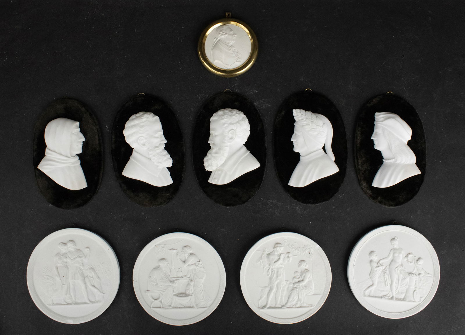 Royal Copenhagen Bisque Plaques of the Four Seasons: Royal Copenhagen Bisque Plaques of the Four Seasons Together with 5 Antonio Frilli bisque profiles of Renaissance artists and authors mounted on velvet and a bisque plaque of Frederick the Great. 10