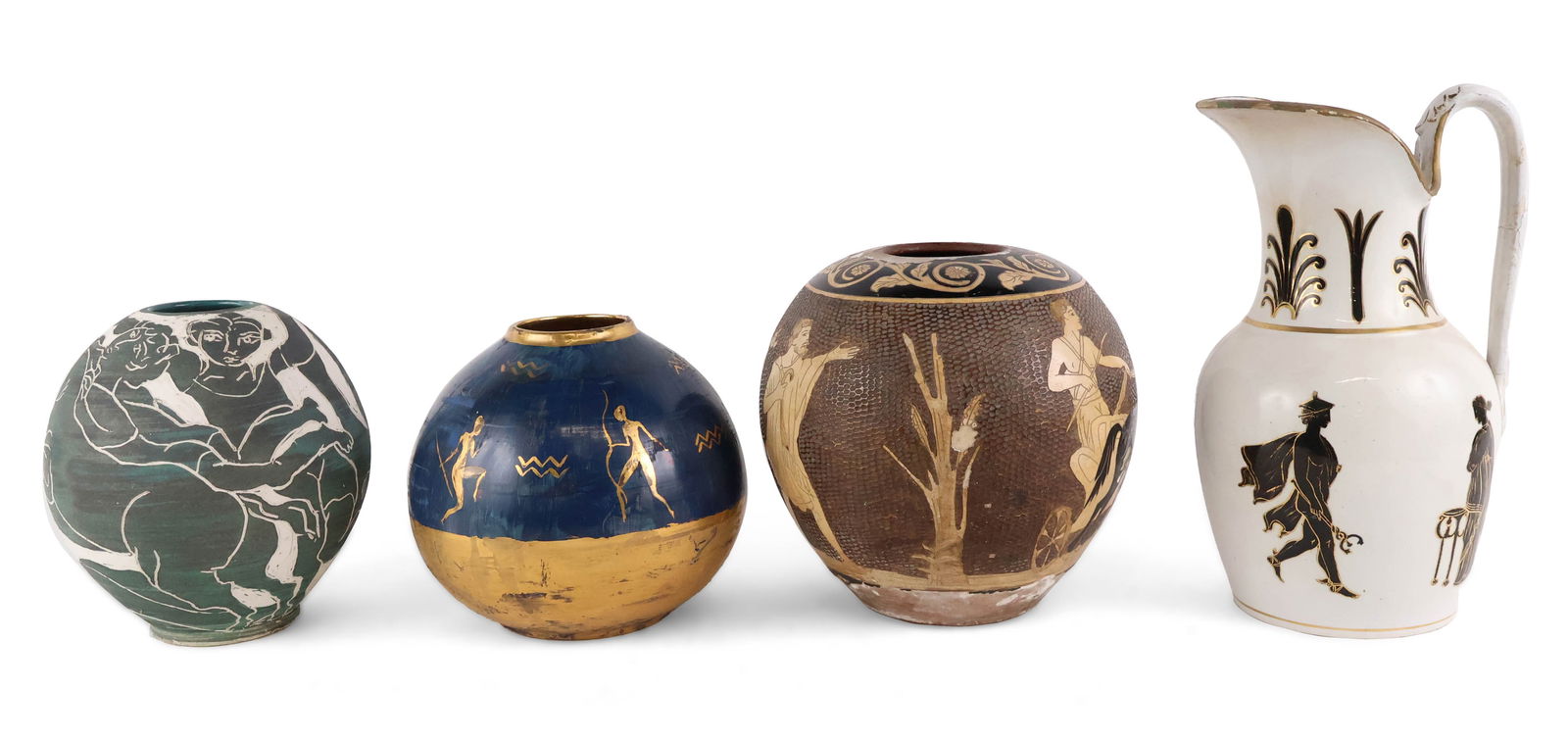 Four Classically Decorated Ceramic Vessels: Four Classically Decorated Ceramic Vessels Comprising, one inscribed "Aho Runaway Horse", one signed Karisruhe. Restorations, chips, surface distress. Largest: 13 x 7 1/2 x 6 1/2 in. (33 x 19.1 x