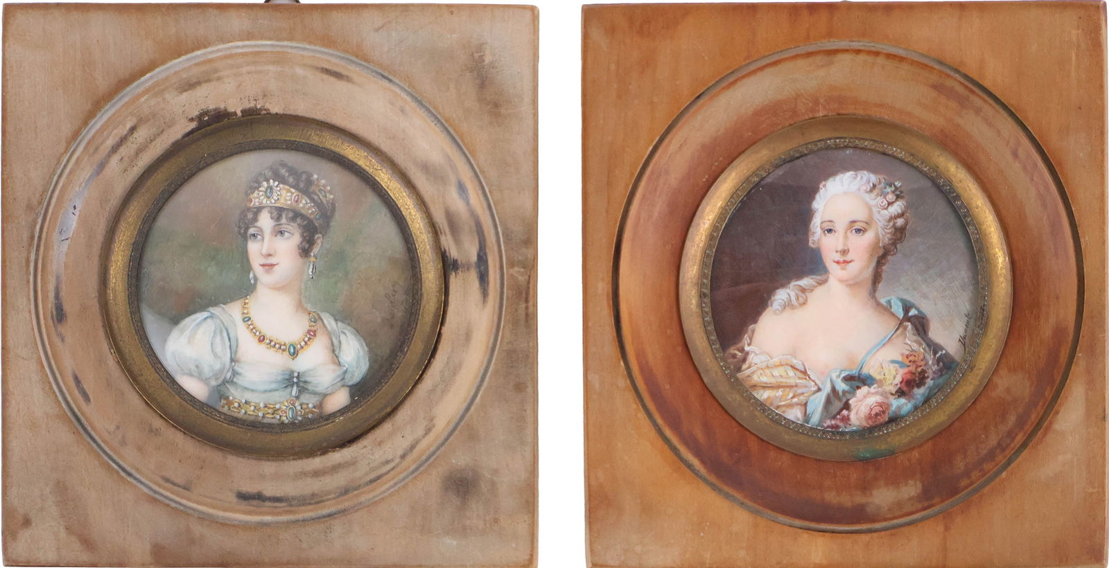 Portrait of Empress Josephine of France, Watercolor and Gouache: Portrait of Empress Josephine of France Watercolor and Gouache Signed "Dauliary (?)". Together with a portrait miniatuer of an elegant woman, signed "Dumont". Sight: 2 1/2 x 2 1/2 x 5 1/4 in. (6.4 x