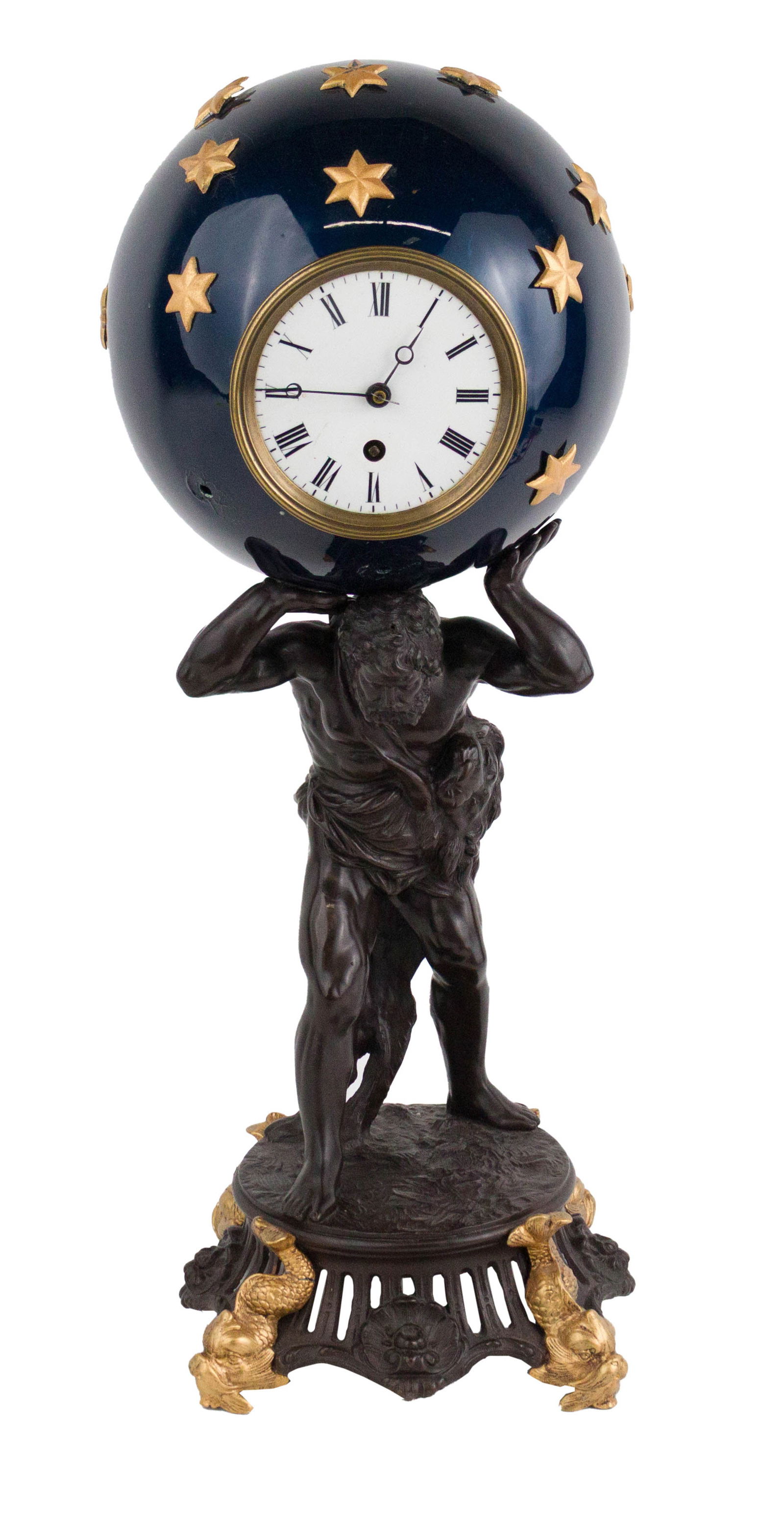 Neoclassical Style Figural Clock of Atlas: Neoclassical Style Figural Clock of Atlas Mixed metal, featuring Atlas holding up a clock form globe, 20th/21st C. 21 1/4 x 7 1/2 in. (54 x 19.1 cm.)