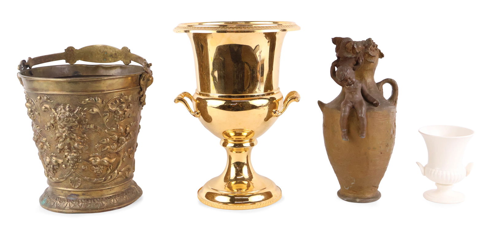 Hans Stoltenberg Lerche Art Nouveau Metal Vase: Hans Stoltenberg Lerche Art Nouveau Metal Vase Inscribed on the Side "H. St. Lerche-Paris". Together with a Wedgwood porcelain classical urn, a gilt-metal double handled urn, and a repousse brass