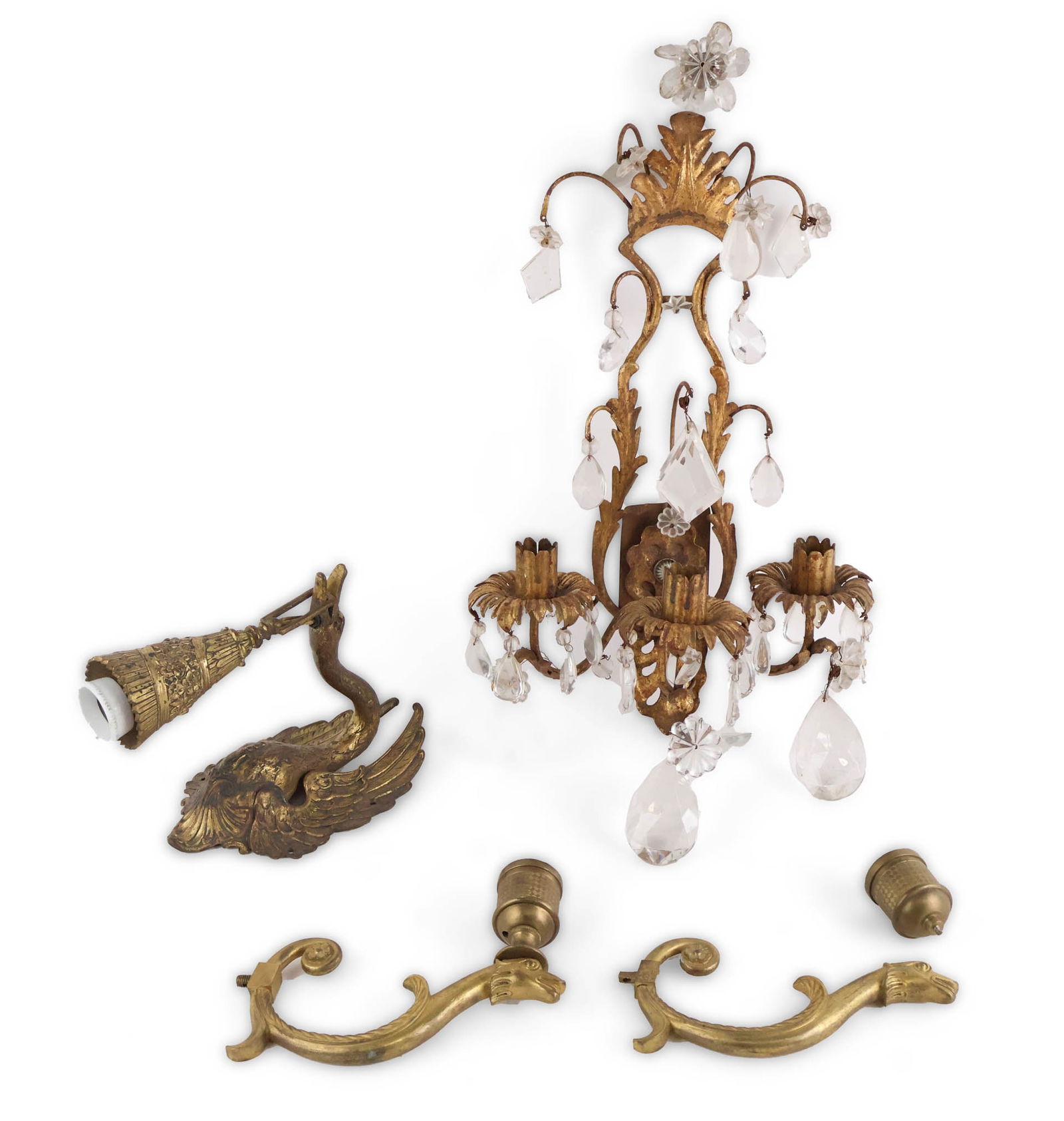 Rococo Style Gilt-Metal and Crystal Wall Sconce: Rococo Style Gilt-Metal and Crystal Wall Sconce 20th C. Together with a gilt-metal swan-form wall sconce and two eagle-form sconce arms. Losses, wear, surface distress. Largest: 21 1/2 x 11 1/2 x 6