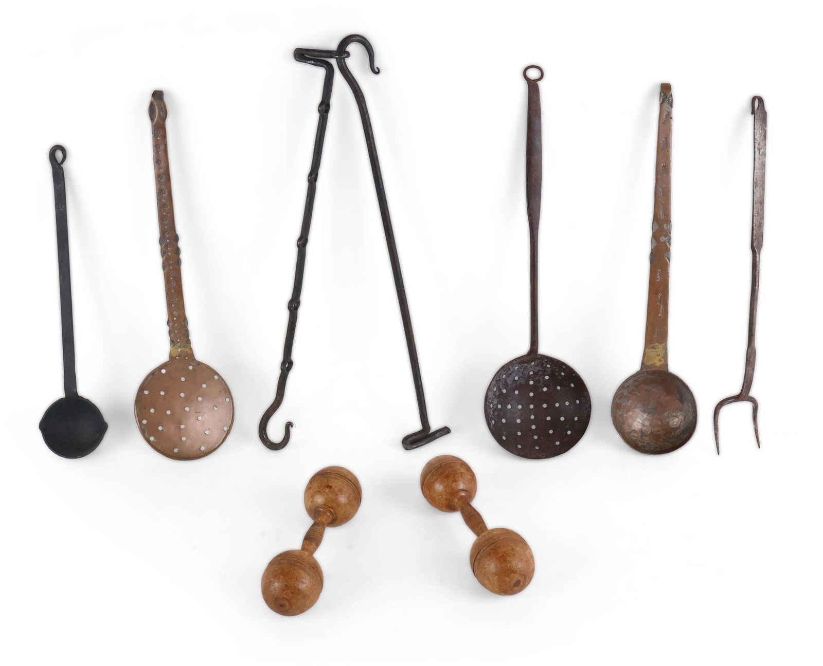 Group of Antique Kitchen Utensils: Group of Antique Kitchen Utensils Including, a fork, ladles, and strainers. Rust, wear, surface distess. Largest: 36 1/4 in. (92.1 cm.)