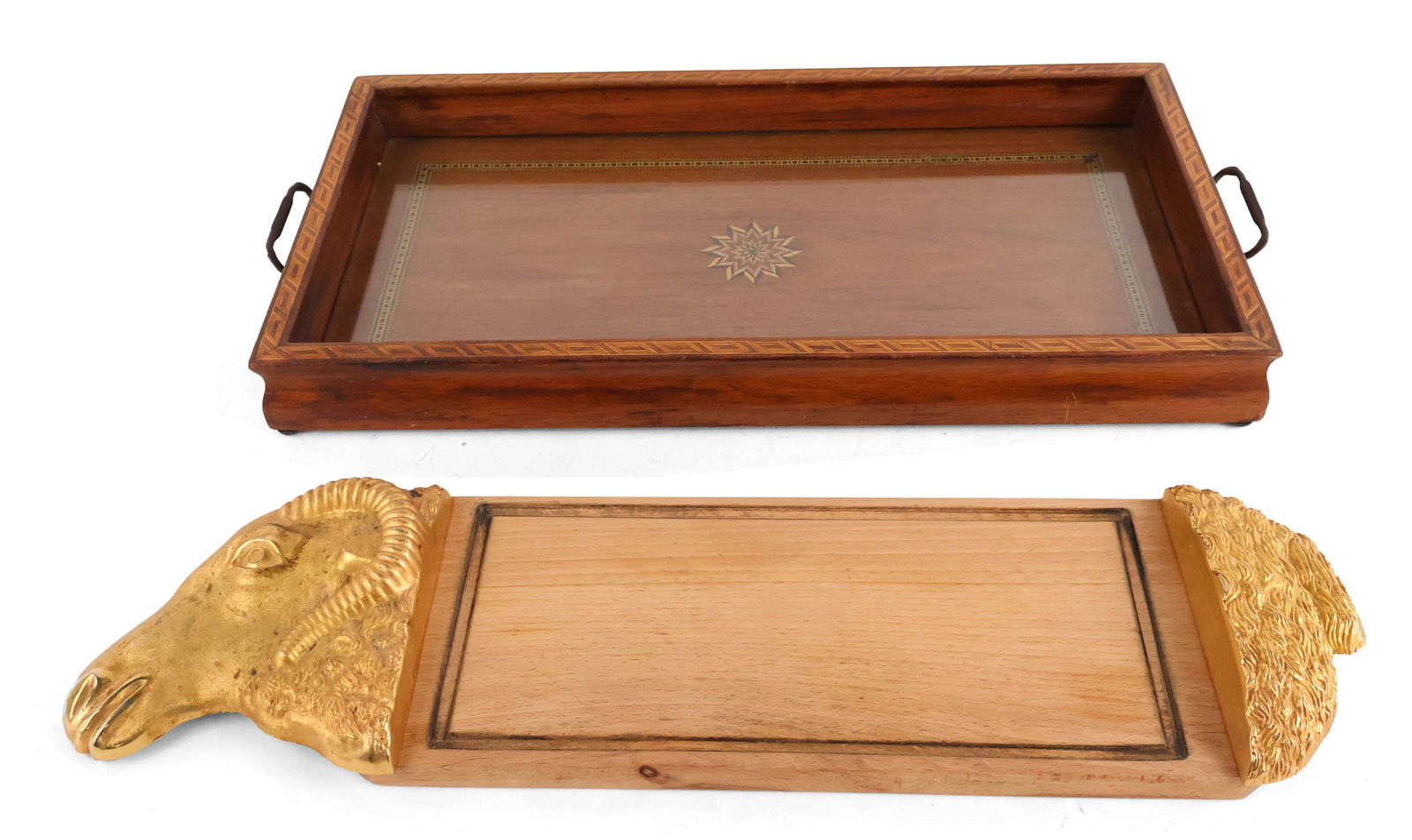 Marquetry Inlaid Brass Handled Tray: Marquetry Inlaid Brass Handled Tray Together with a gilt-metal ram's head decorated wood tray. 6 1/2 x 23 1/2 in. (16.5 x 59.7 cm.), and 2 1/4 x 11 1/2 x 22 1/2 in. (5.7 x 29.2 x 57.2 cm.)