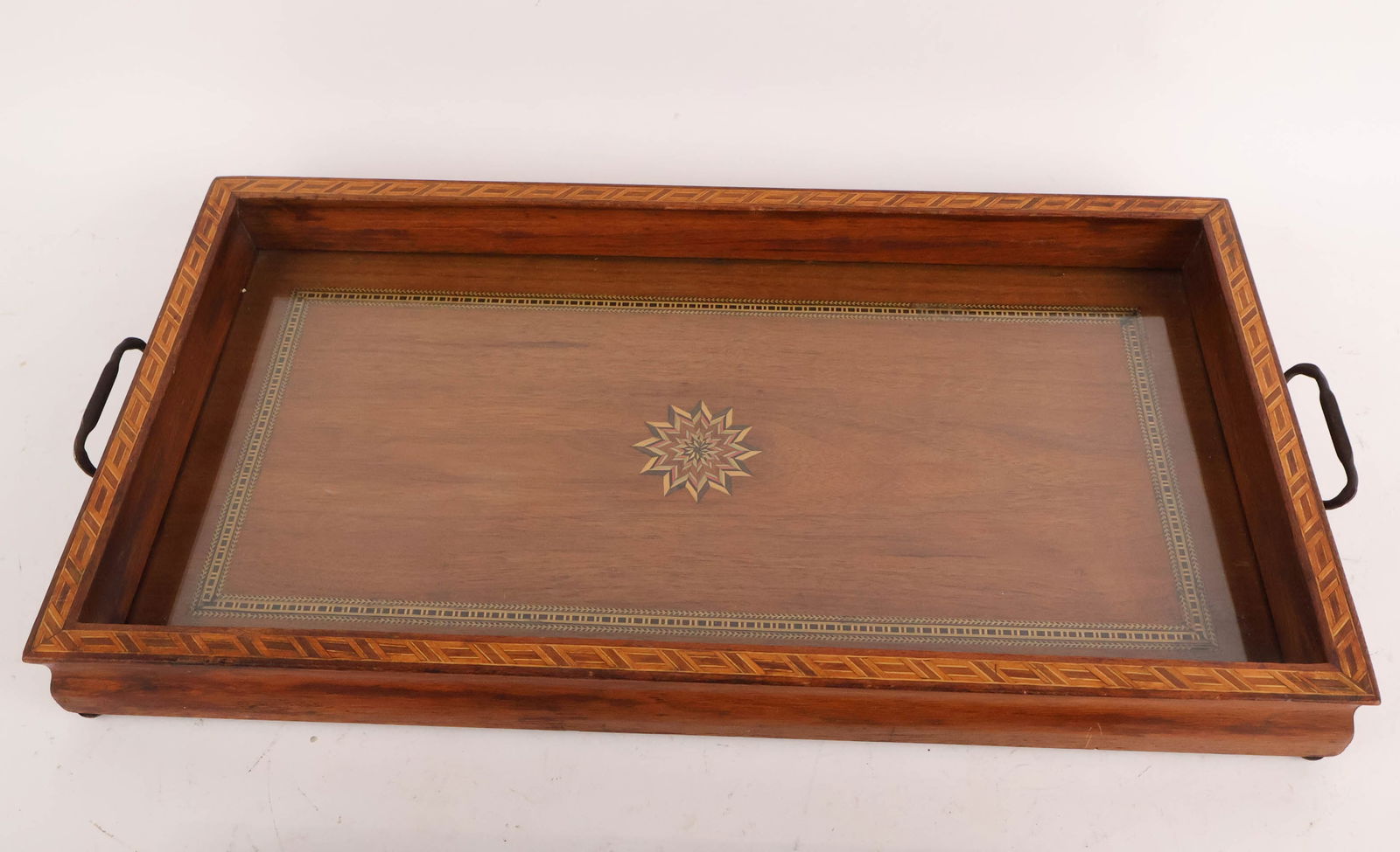 Marquetry Inlaid Brass Handled Tray - 6