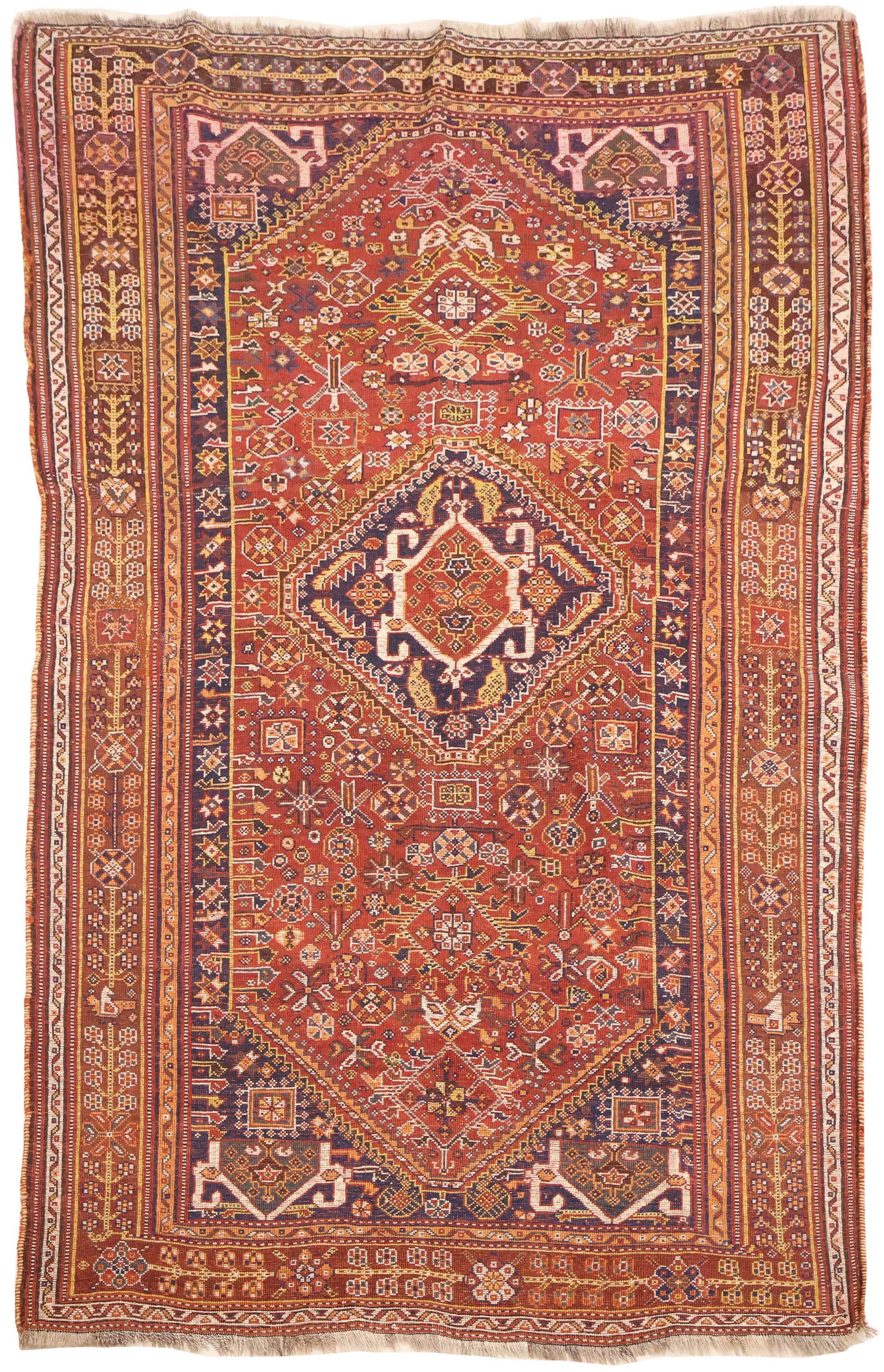 Qashqai Rug: Qashqai RugSouthwest Persia, first 1/4 20th C. Partial end border, areas of wear101 x 58 1/2 in. (256.5 x 148.6 cm.)