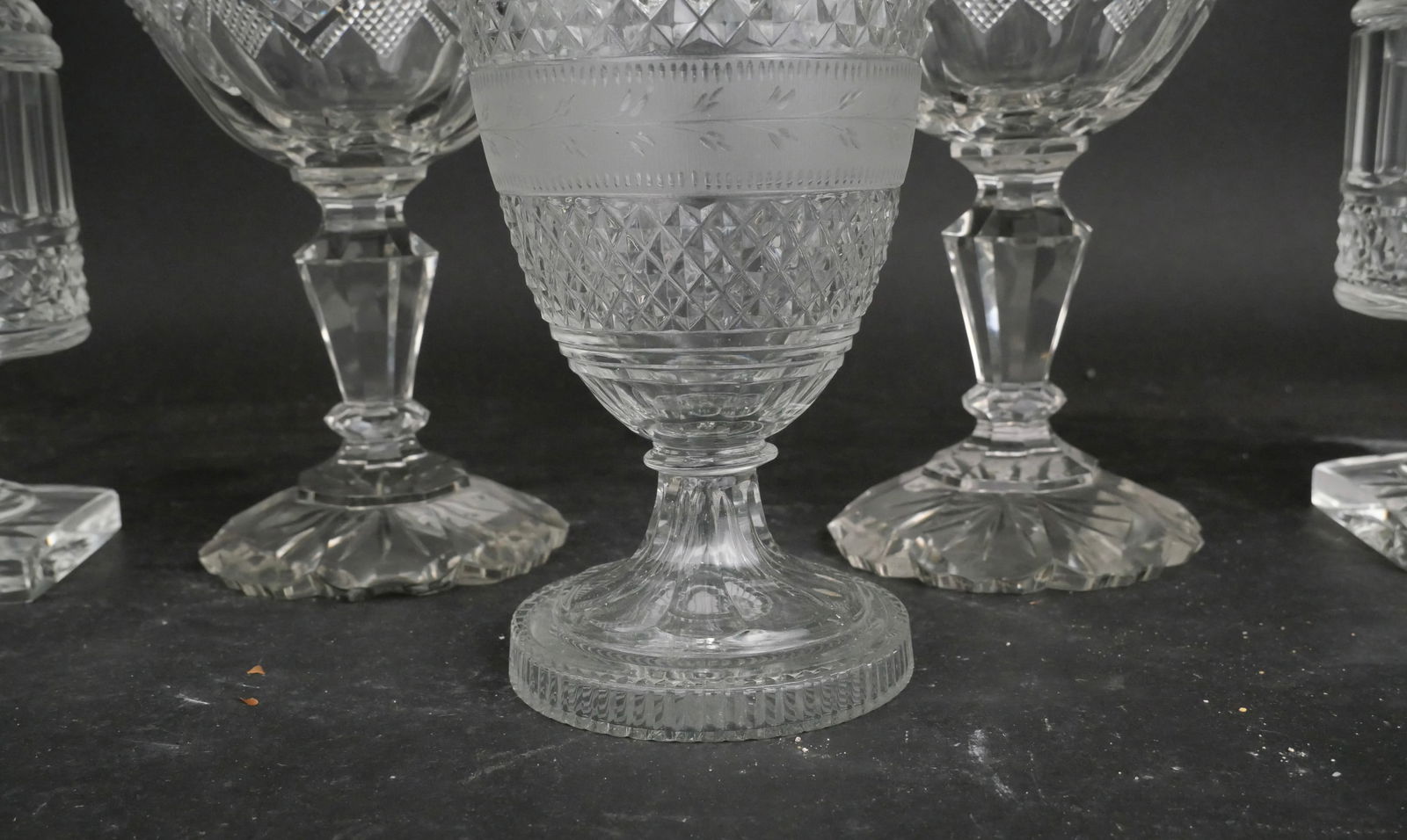 Five Colorless Glass Covered Compotes - 4