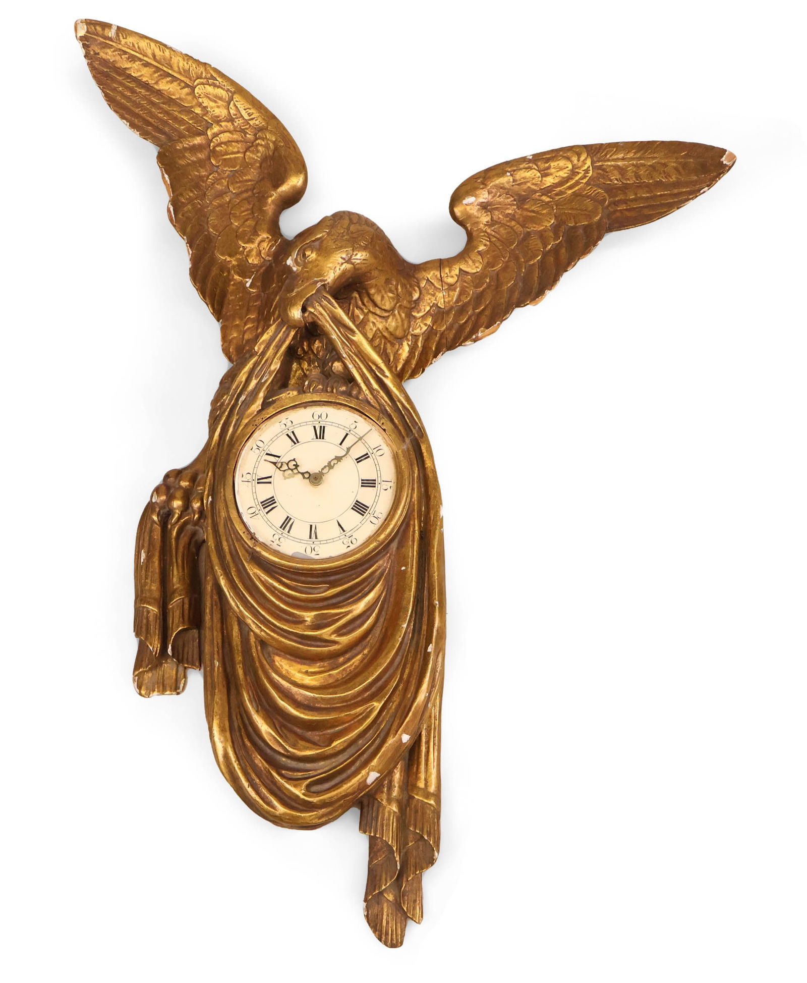 Austrian Empire Giltwood Eagle-Decorated Clock: Austrian Empire Giltwood Eagle-Decorated Clock 19th/20th C. Losses to frame around dial, losses to gilt. 41 x 29 1/4 x 6 in. (104.1 x 74.3 x 15.2 cm.)
