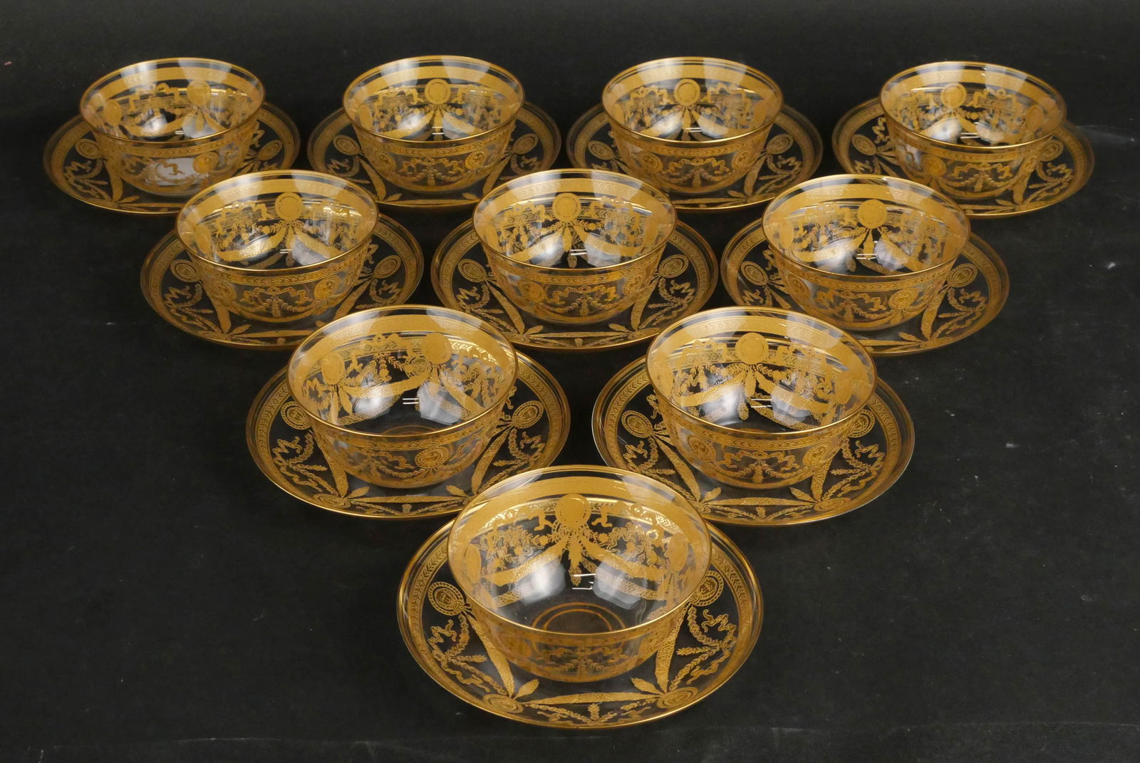 Ten St. Louis Crystal "Congress" Fingerbowls and Underplates: Ten St. Louis Crystal "Congress" Fingerbowls and Underplates Clear crystal with gold-encrusted lion medallions, elaborate swags, and banded borders. Bowl: 2 1/4 x 4 1/2 in. (5.7 x 11.4 cm.), Plate: