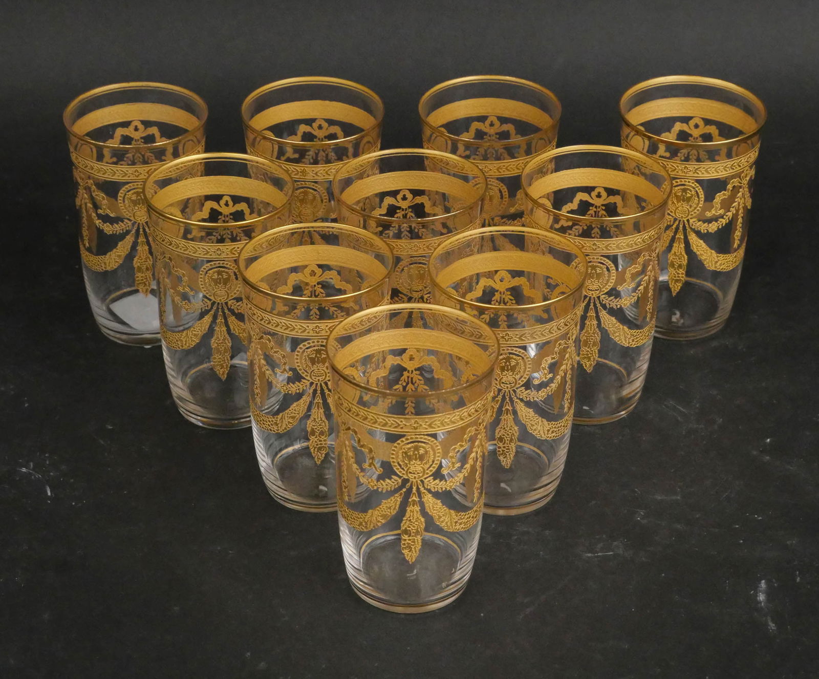 Ten St. Louis Crystal "Congress" Highball Glasses: Ten St. Louis Crystal "Congress" Highball Glasses Clear crystal with gold-encrusted lion medallions, elaborate swags, and banded borders. 4 1/2 x 2 1/2 in. (11.4 x 6.4 cm.)