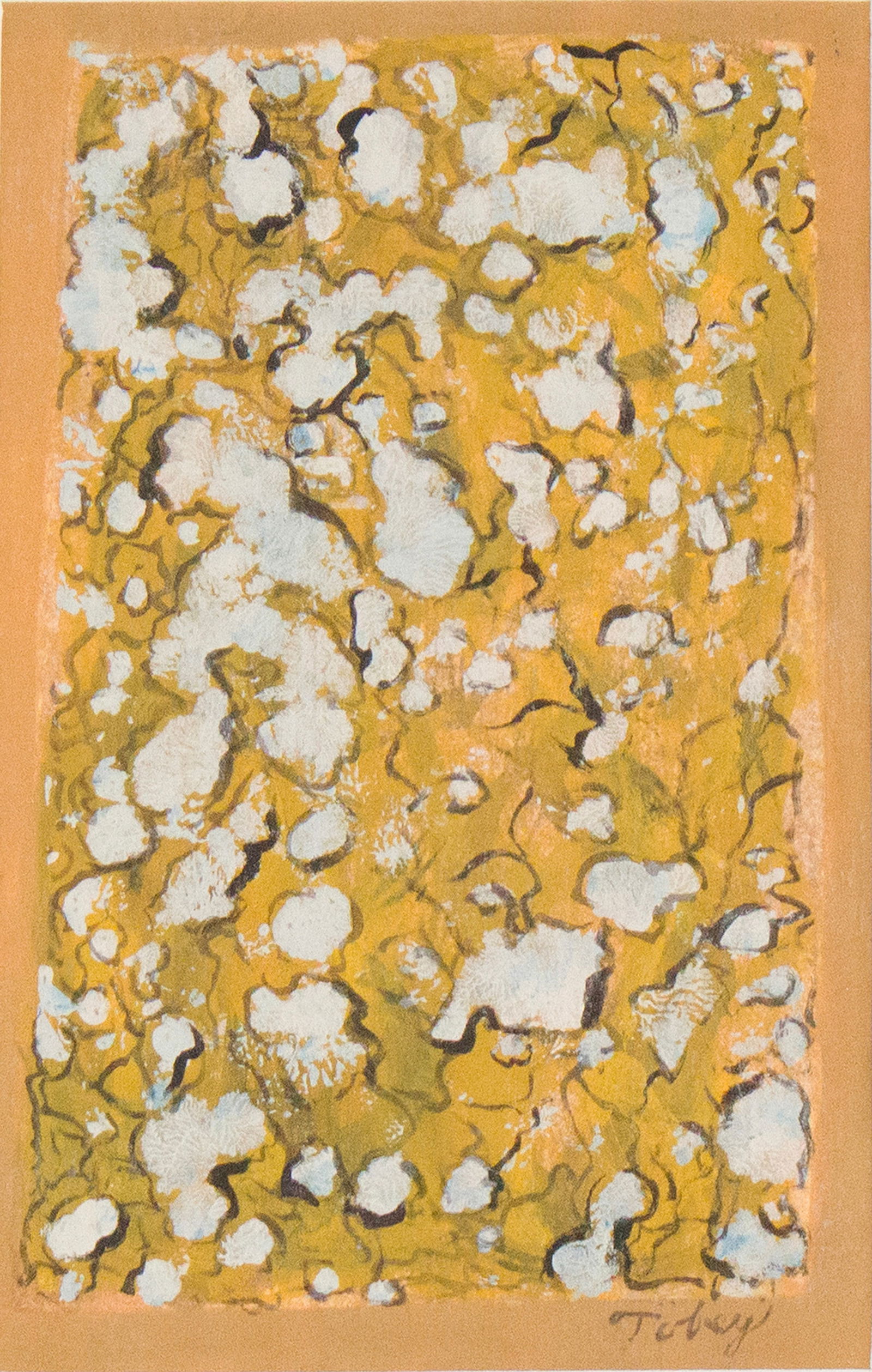 Mark Tobey, 1890-1976, Abstract in White and Yellow, Ink and Gouache on Paper: Mark Tobey 1890-1976 Abstract in White and Yellow Ink and Gouache on Paper Signed l.r. "Tobey" Sight: 6 1/4 x 4 1/4 in. (15.9 x 10.8 cm.), Frame: 12 1/4 x 11 in. (31.1 x 27.9 cm.)