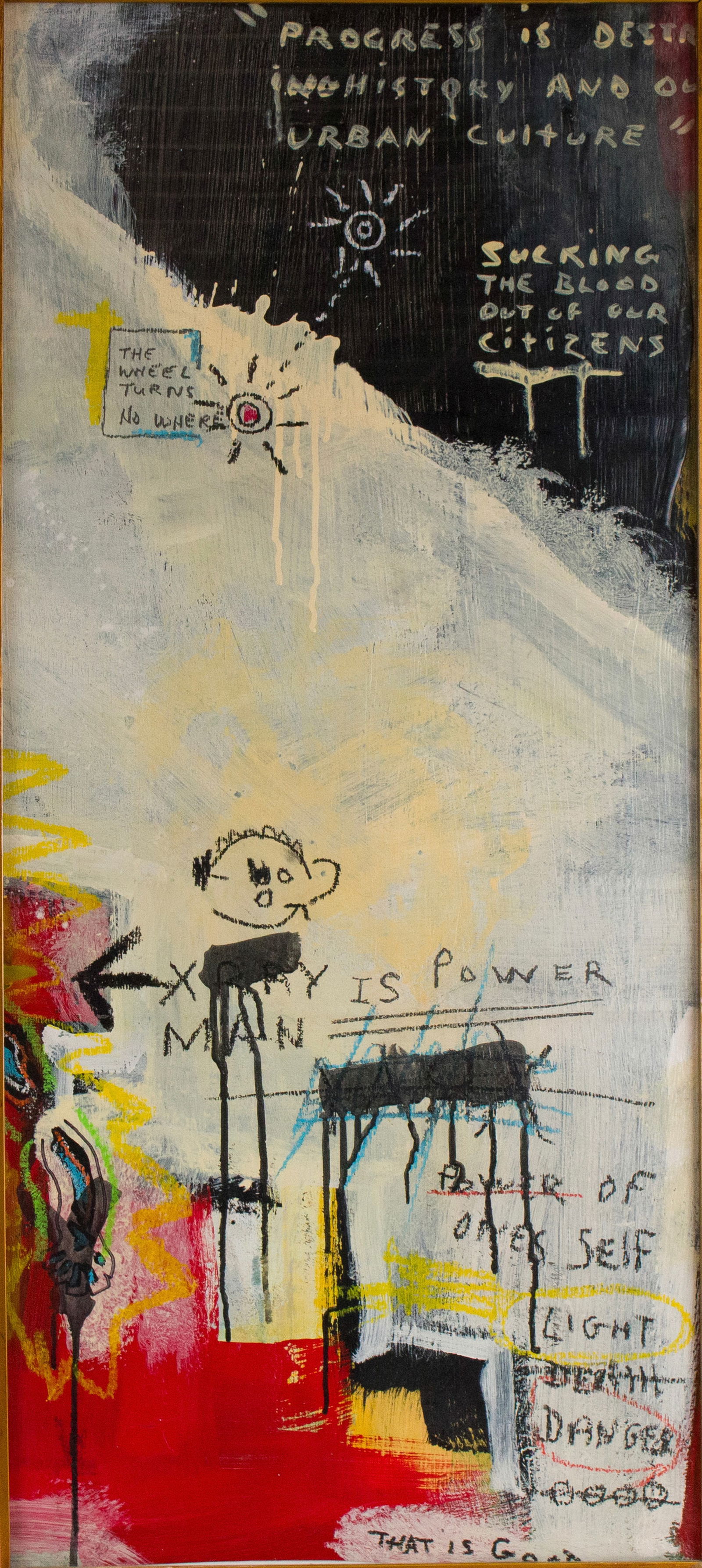 Abstract Cubist, Mixed Media on Paper: Abstract Cubist Mixed Media on Paper In the style of Jean-Michel Basquiat. Sight: 39 1/2 x 17 1/2 in. (100.3 x 44.5 cm.), Frame: 42 x 20 in. (106.7 x 50.8 cm.)