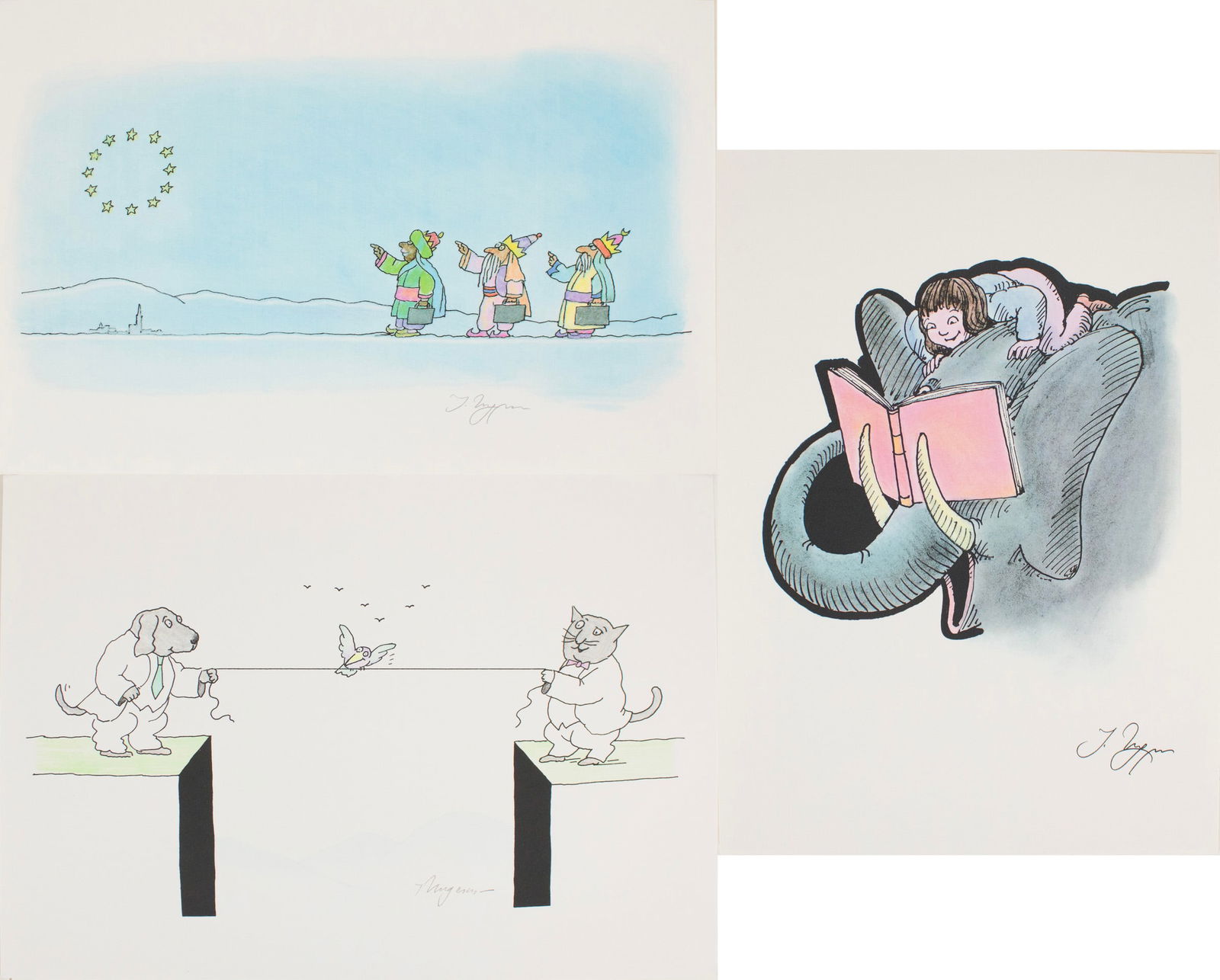 Tomi Ungerer, 1931-2019, Three Unframed Cartoons, Ink and Watercolor: Tomi Ungerer 1931-2019 Three Unframed Cartoons Ink and Watercolor All with letters from Koppelstatter Kommunikation, dated 2007. 8 1/4 x 11 3/4 in. (21 x 29.8 cm.)