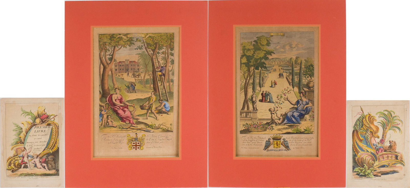 Richard Blome, 1641-1705, Pomona and Flora, Hand Colored Copperplate Engraving: Richard Blome 1641-1705 Pomona and Flora Hand Colored Copperplate Engraving Together with two hand-colored etchings by Francois-Antione Aveline. Overall: 10 1/4 x 7 1/4 in. (26 x 18.4 cm.), and 21