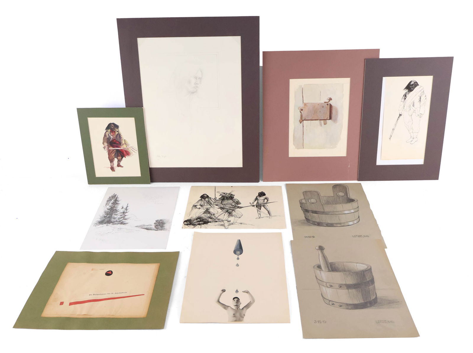 Stella Wyeth, Portrait Sketch of a Woman, Pencil on Paper: Stella Wyeth Portrait Sketch of a Woman Pencil on Paper Signed l.l. and dated '66. Together with two pencil drawings of buckets, signed "Lotze", a photograph collage, a pencil landscape signed