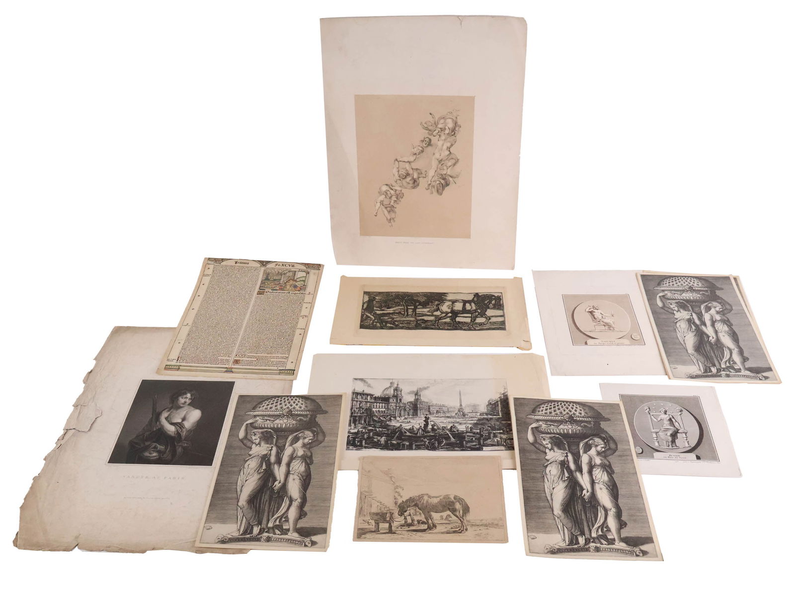 Marcantonio Raimondi, 1480-1534, La Cassolette, Engraving: Marcantonio Raimondi 1480-1534 La Cassolette Engraving Six copies of the same engraving. Together with a group of unframed prints, including, "Group from the Last Judgement", "Vandyk, as Paris", a