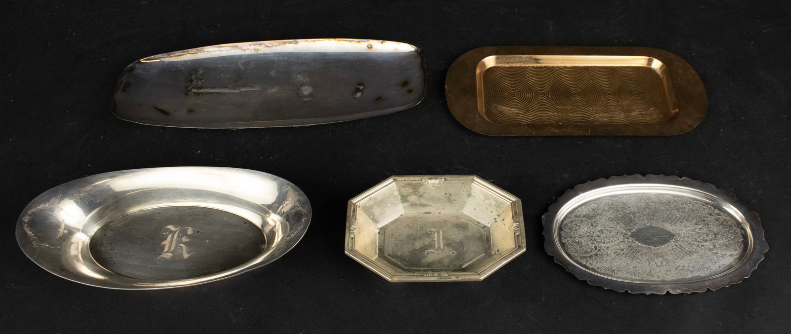 Two Sterling Silver Bowls: Two Sterling Silver Bowls One octagonal, 11"l, 6"l. Approx. 9 t.o. Together with three metal trays. 11 in. (27.9 cm.)