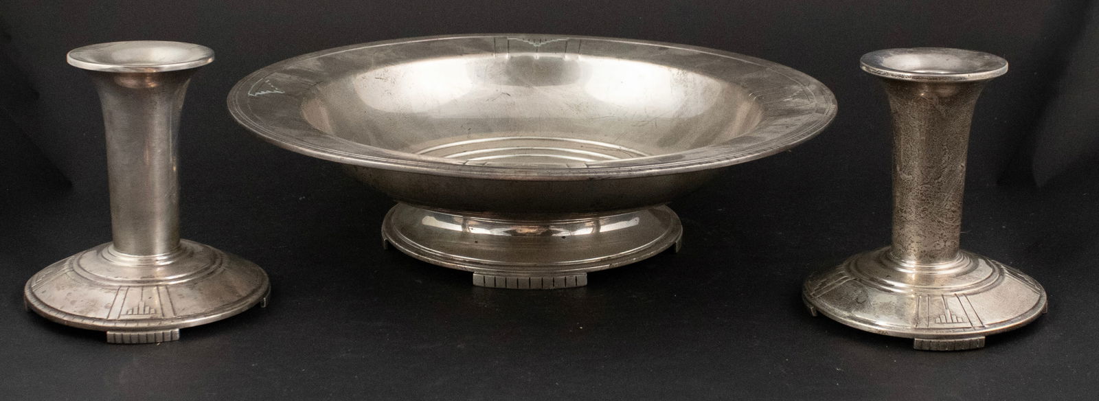 Wallace Sterling Silver Art Deco Bowl and Candlesticks: Wallace Sterling Silver Art Deco Bowl and Candlesticks #3909. Approx. 22 t.o. 3 x 10 1/2 in. (7.6 x 26.7 cm.)