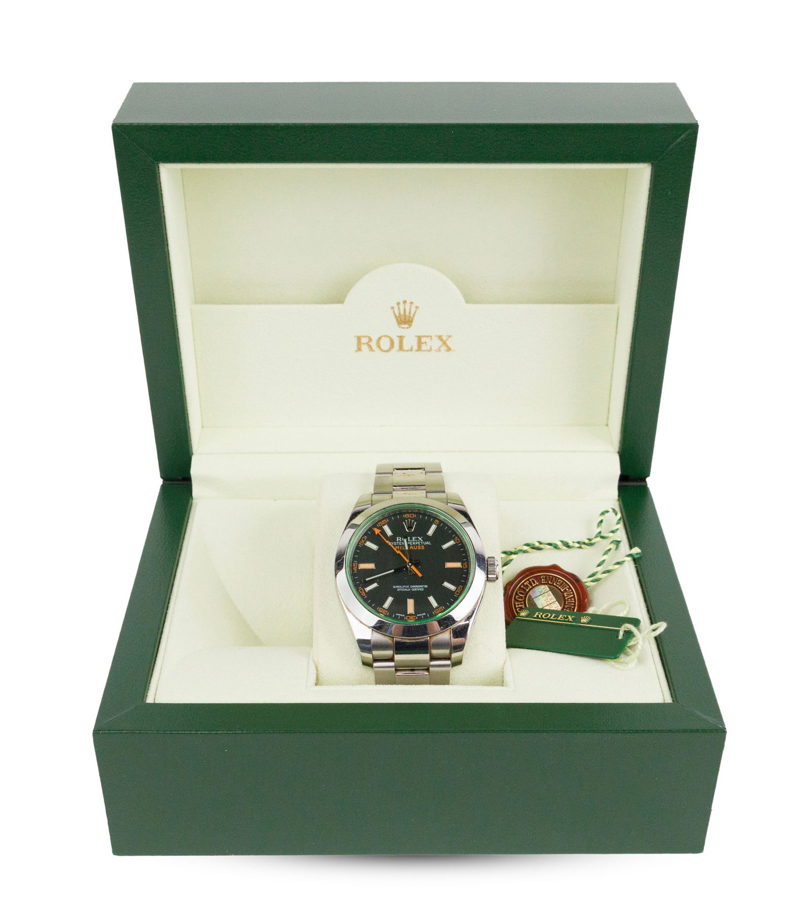 Rolex "Milgauss" Wristwatch: Rolex "Milgauss" Wristwatch Model 116400V. A complete, one owner Rolex Milgauss, complete with, inner and outer boxes, all papers, original bracelet, in unpolished original condition. Hang tags