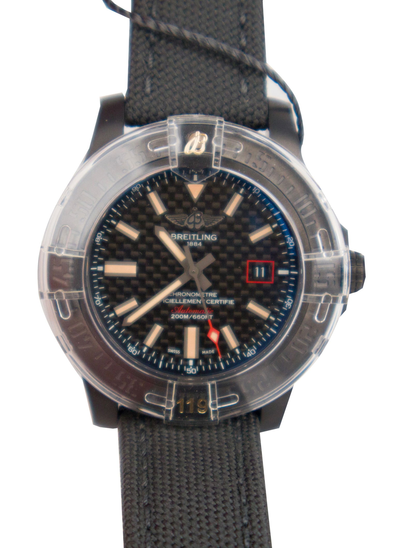 Rare Breitling Avenger "Blackbird 44" Wristwatch: Rare Breitling Avenger "Blackbird 44" Wristwatch Complete set, including, boxes and papers, hang tag, etc. Carbon fiber dial, luminous baton markers and hands, original nylon strap, PVD case and