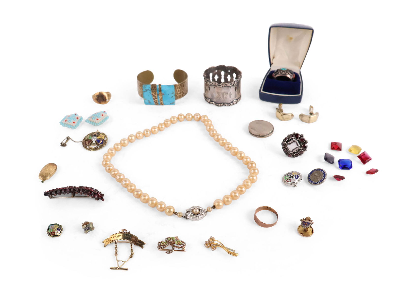 Collection of Vintage Jewelry: Collection of Vintage Jewelry Including: a turquoise and gemstone silver metal ring, stamped, "M", size, 7, a Jan Michaels, San Francisco hand hammered brass and turquoise cuff bracelet, a sterling