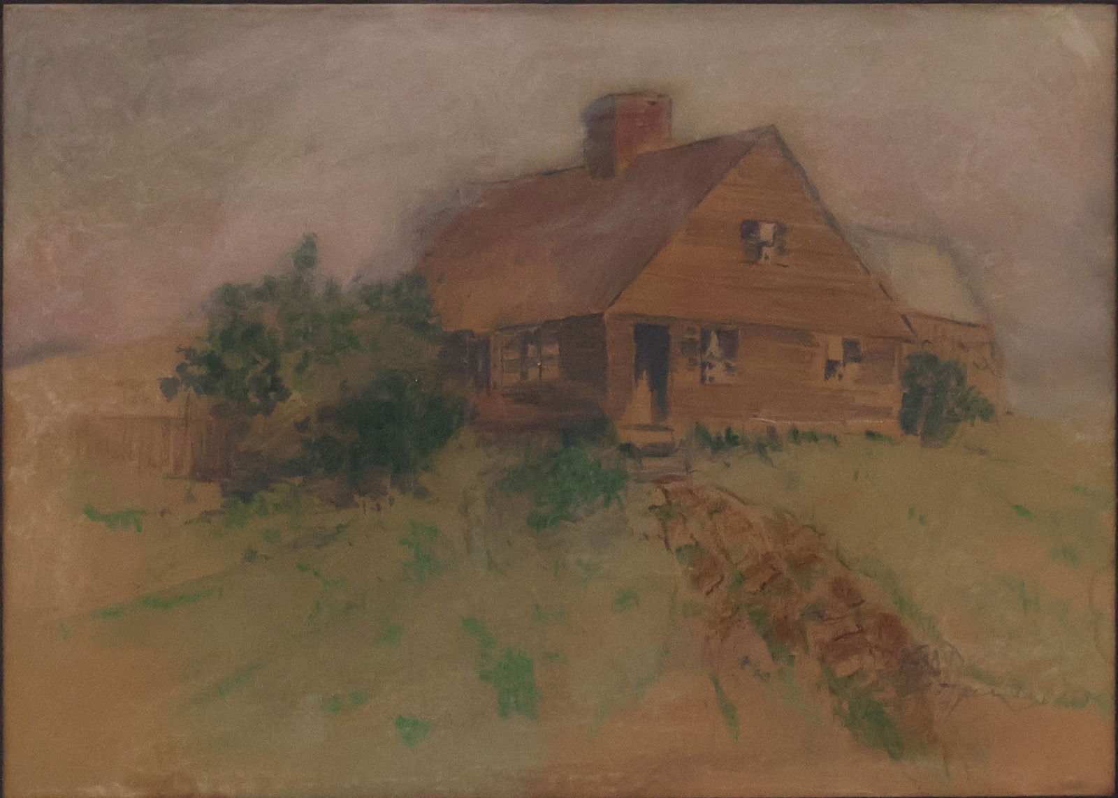 Hezekiah Anthony Dyer, 1872-1943, Brown House on Hill, Mixed Media Drawing (1 of 8)